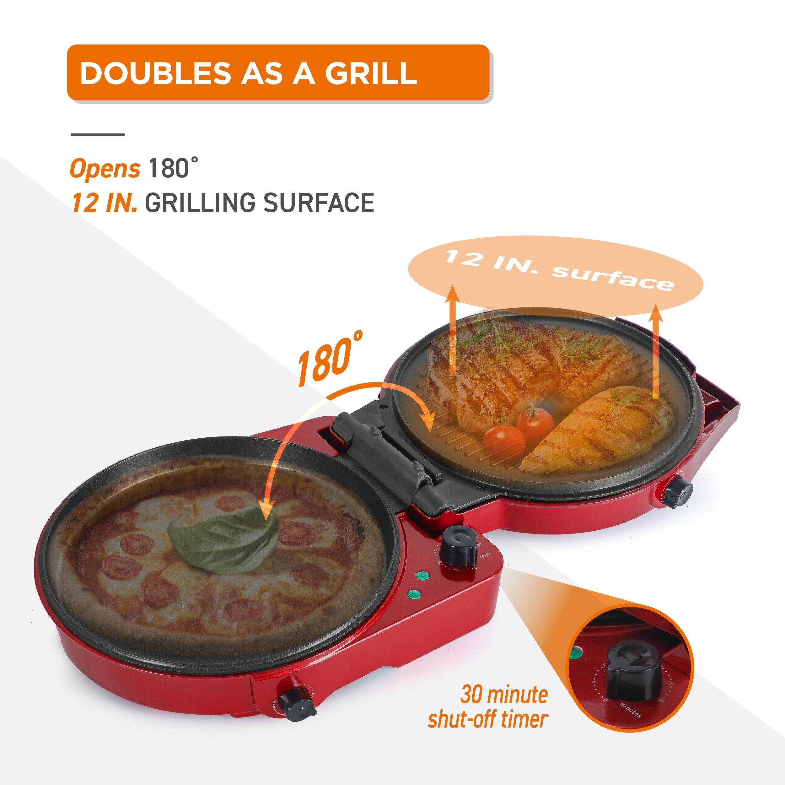 DOUBLES AS A GRILL

Opens 180°  
12 IN. GRILLING SURFACE

12 IN. surface

30 minute shut-off timer