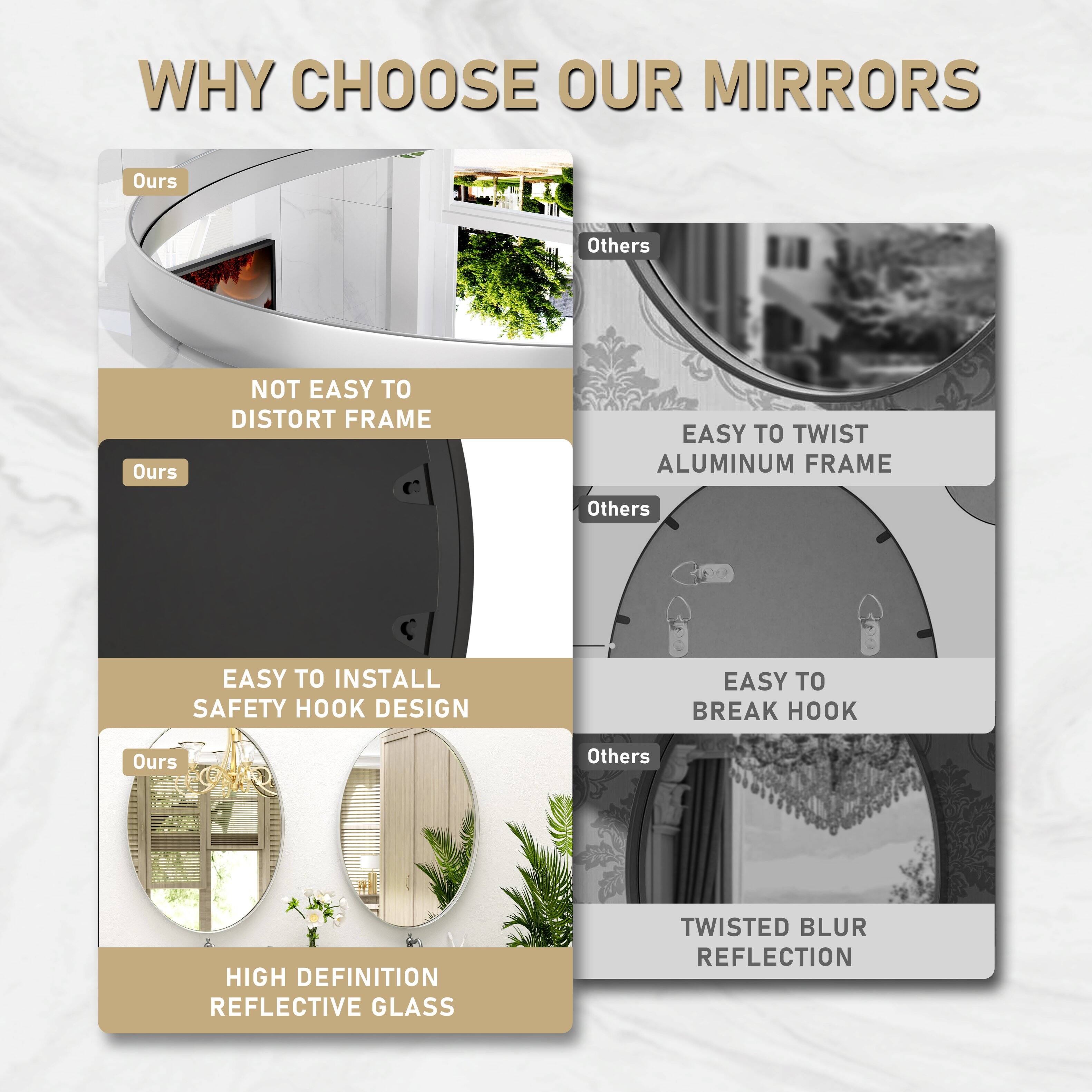WHY CHOOSE OUR MIRRORS

Ours: NOT EASY TO DISTORT FRAME  
Others: EASY TO TWIST ALUMINUM FRAME  

Ours: EASY TO INSTALL SAFETY HOOK DESIGN  
Others: EASY TO BREAK HOOK  

Ours: HIGH DEFINITION REFLECTIVE GLASS  
Others: TWISTED BLUR REFLECTION