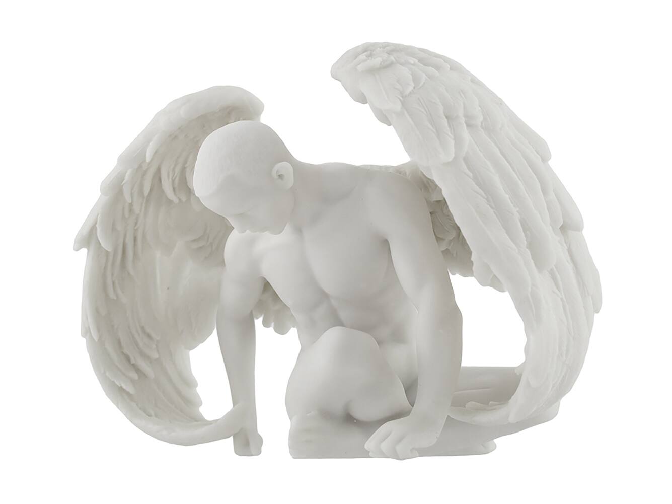 Alt View 2. Veronese Design - Nude Winged Grieving Male Angel Marble Finish Statue - White.