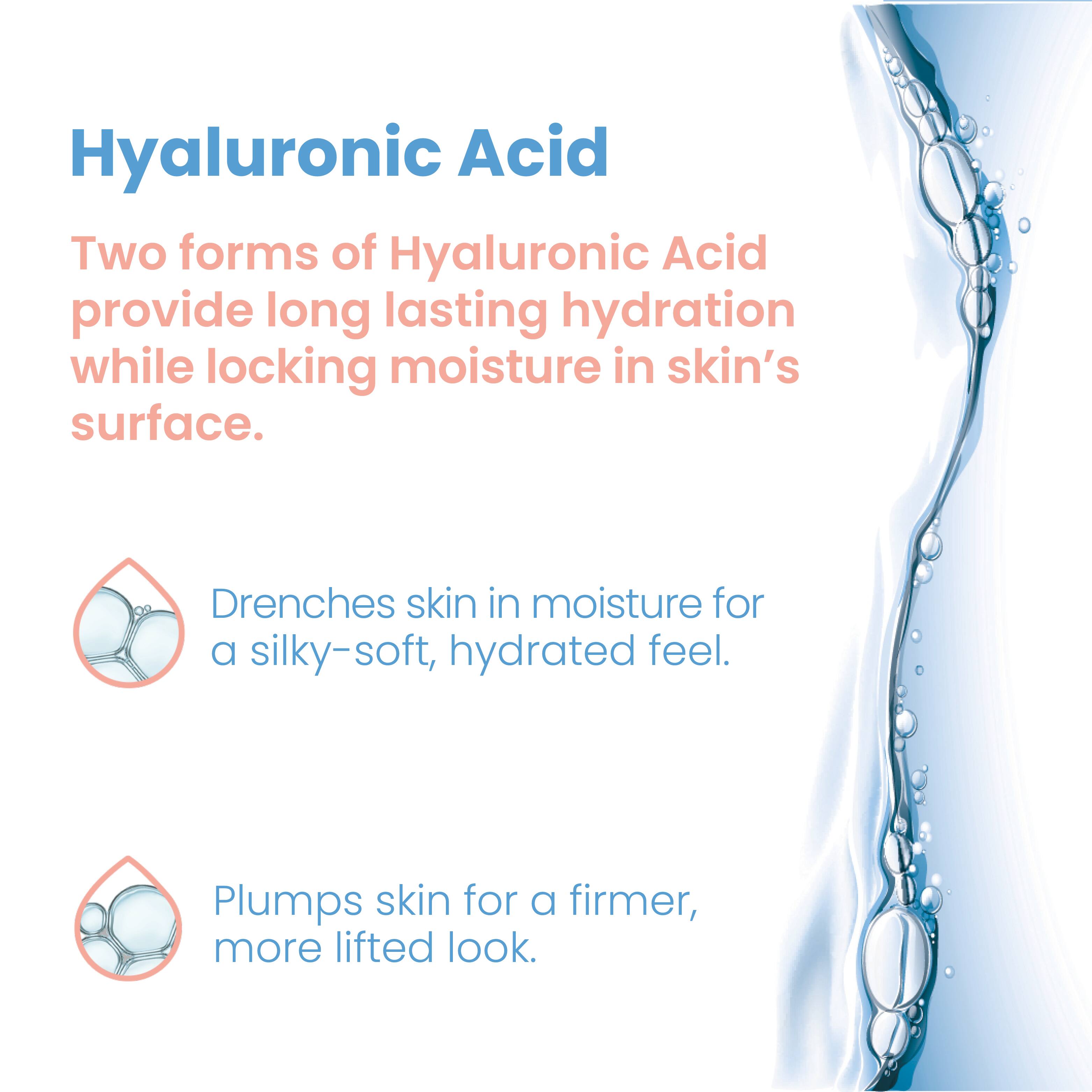 Hyaluronic Acid

Two forms of Hyaluronic Acid provide long lasting hydration while locking moisture in skin's surface.

Drenches skin in moisture for a silky-soft, hydrated feel.

Plumps skin for a firmer, more lifted look.