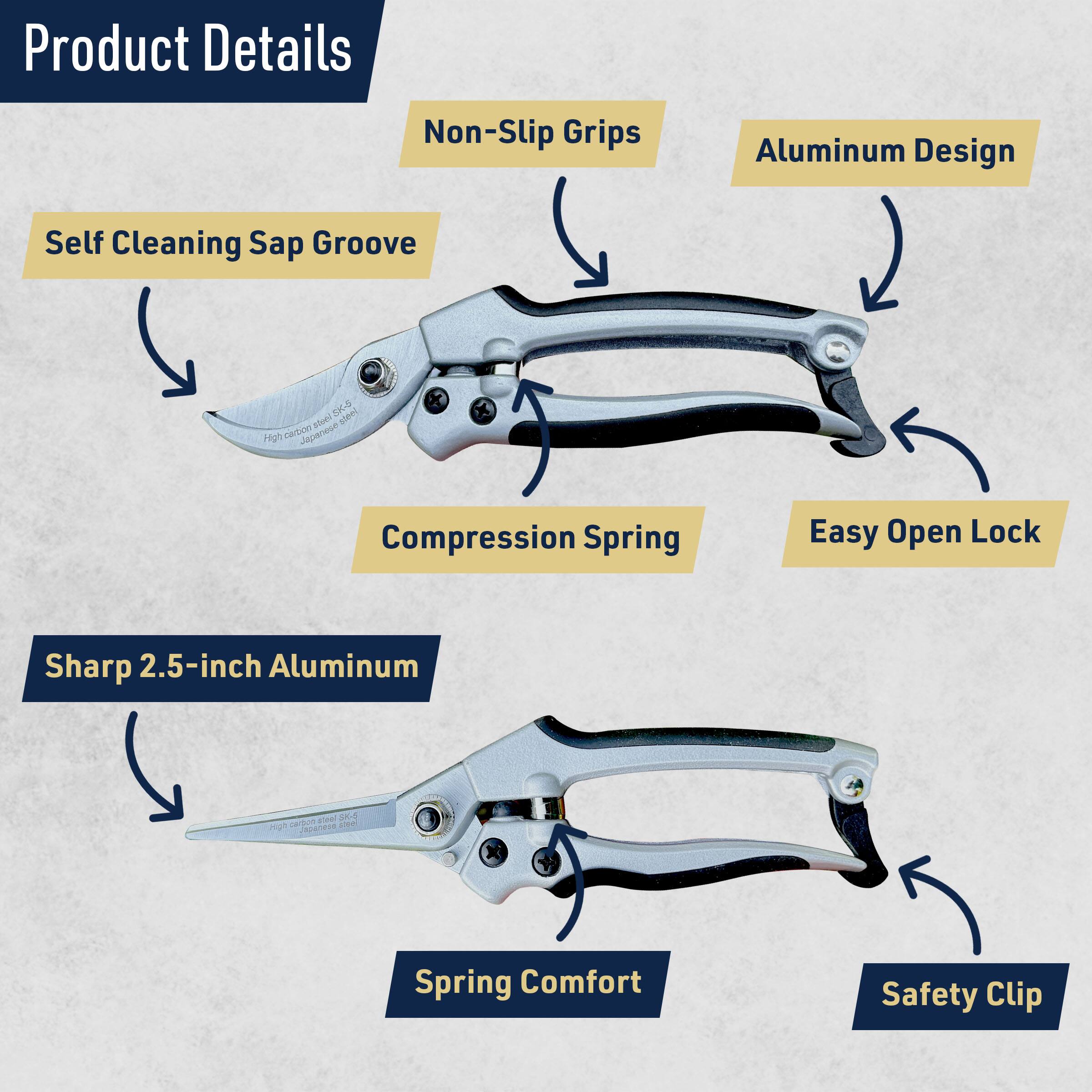 Product Details  
- Non-Slip Grips  
- Aluminum Design  
- Self Cleaning Sap Groove  
- Compression Spring  
- Easy Open Lock  
- Sharp 2.5-inch Aluminum  
- Spring Comfort  
- Safety Clip