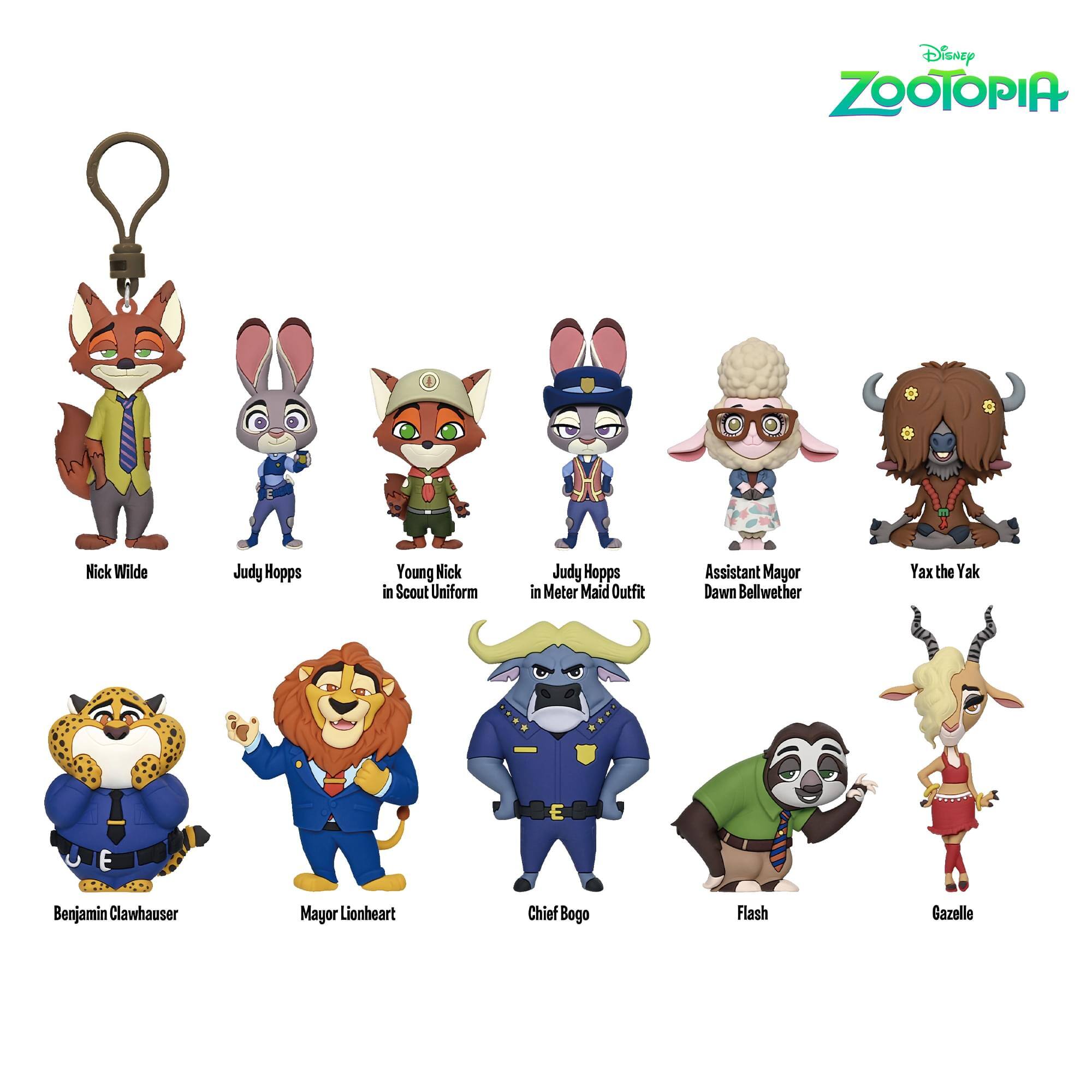 Disney Zootopia  
Nick Wilde  
Judy Hopps  
Young Nick in Scout Uniform  
Judy Hopps in Meter Maid Outfit  
Assistant Mayor Dawn Bellwether  
Yax the Yak  
Benjamin Clawhauser  
Mayor Lionheart  
Chief Bogo  
Flash  
Gazelle