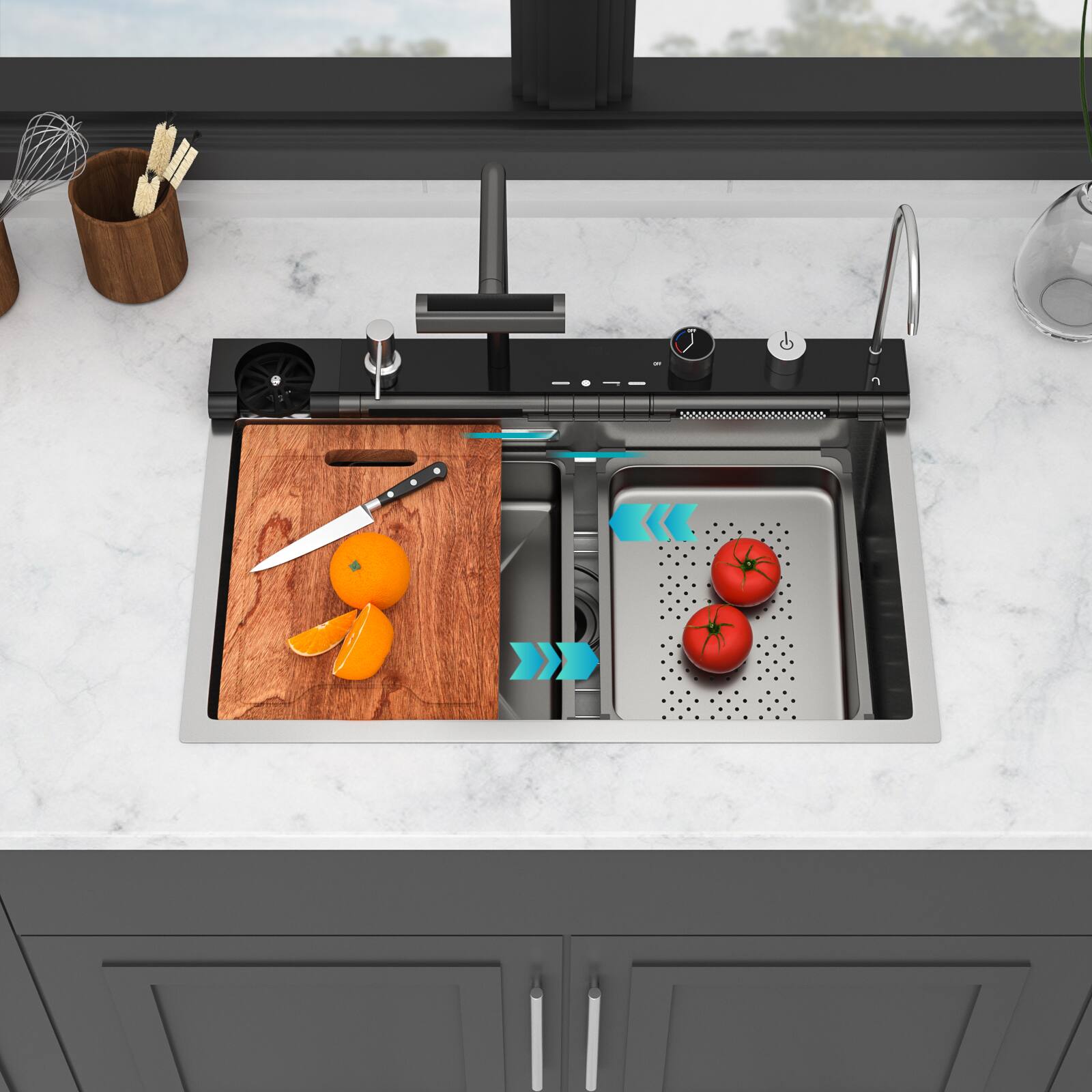 Angle. Siljoy - Kitchen Sink Waterfall Sink - 30 x 19 x 9" Single Bowl 16 Gauge Steel Smart Digital Features Top Mount Kitchen Sinks - Brushed Nickel.