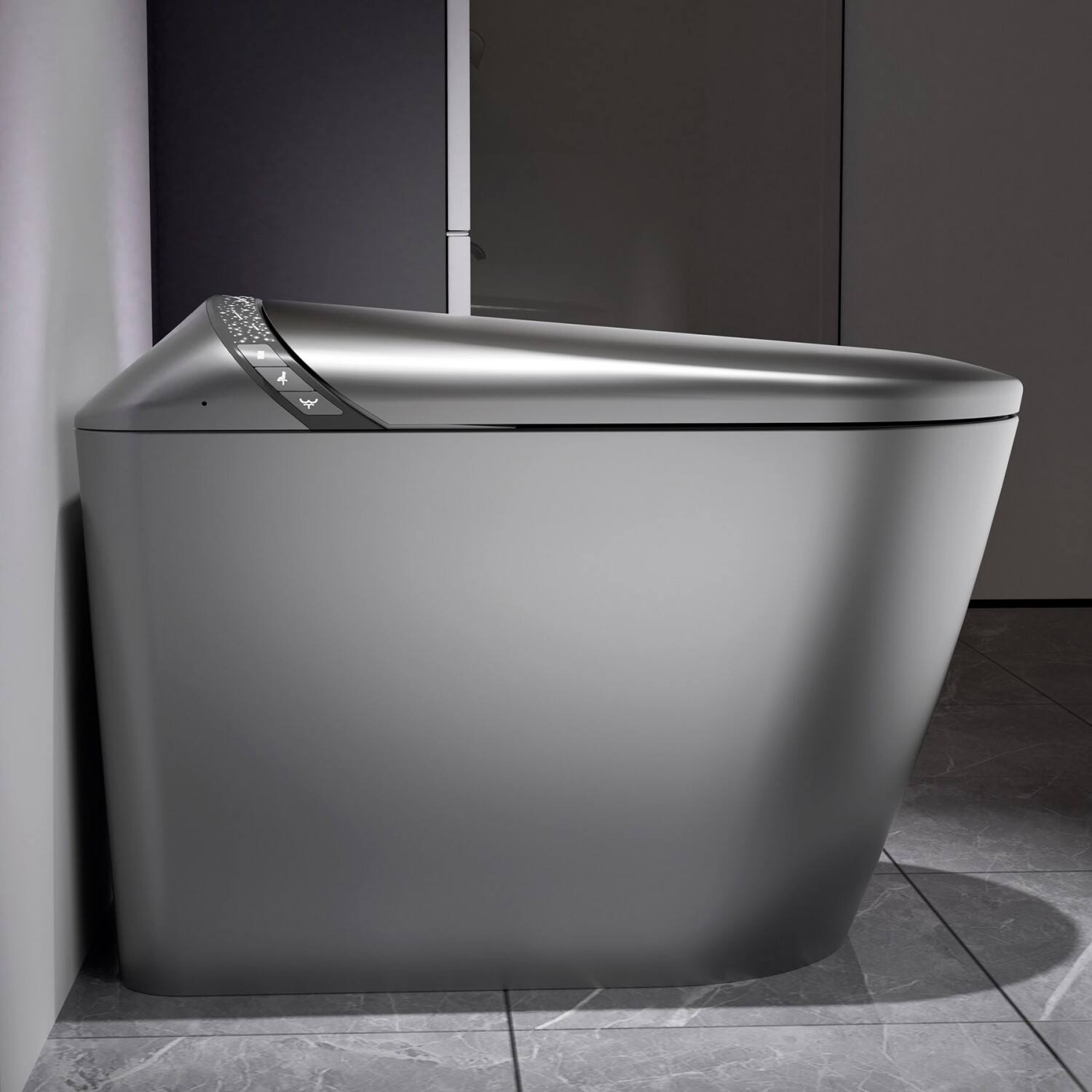 Alt View 4. Ecooso - Smart Toilet with Bidet Built In, Auto Open/Close Seat, Foot Sensor, LED Display,Night Light, Warm Water & Dryer - Matte Gray.