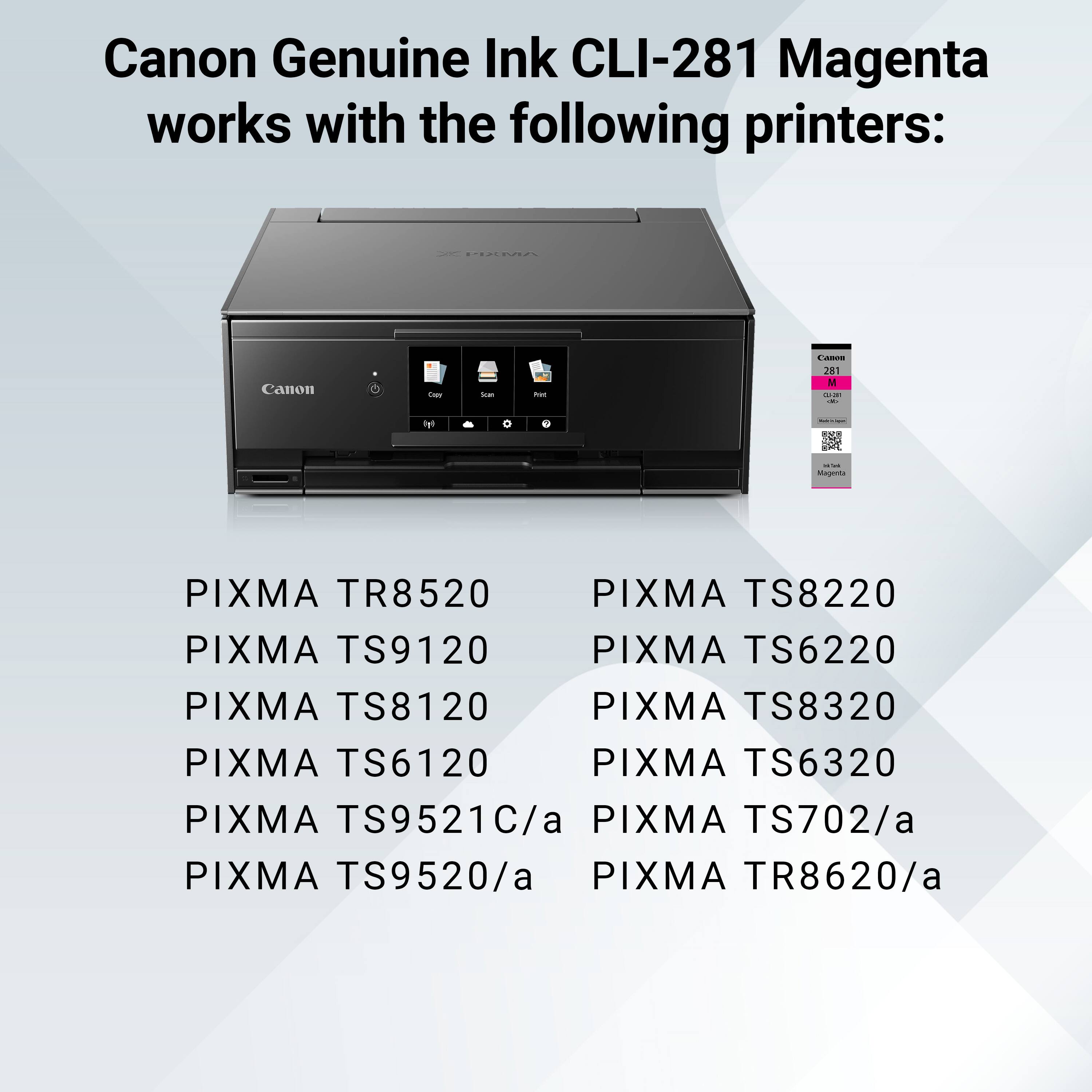 Canon Genuine Ink CLI-281 Magenta works with the following printers:

- PIXMA TR8520
- PIXMA TS9120
- PIXMA TS8120
- PIXMA TS6120
- PIXMA TS9521C/a
- PIXMA TS9520/a
- PIXMA TS8220
- PIXMA TS6220
- PIXMA TS8320
- PIXMA TS6320
- PIXMA TS702/a
- PIXMA TR8620/a