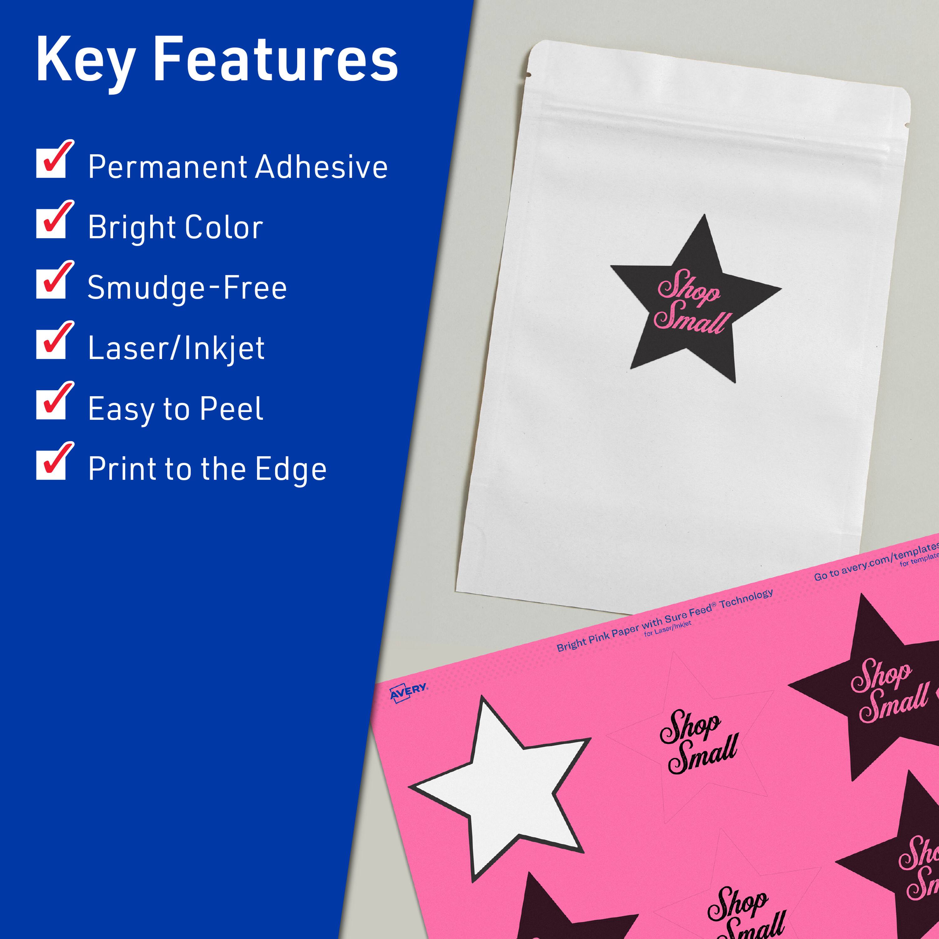 Key Features  
- Permanent Adhesive  
- Bright Color  
- Smudge-Free  
- Laser/Inkjet  
- Easy to Peel  
- Print to the Edge  

Bright Pink Paper with Sure Feed™ Technology for Laser/Inkjet  

Shop Small  

Go to avery.com/templates for templates