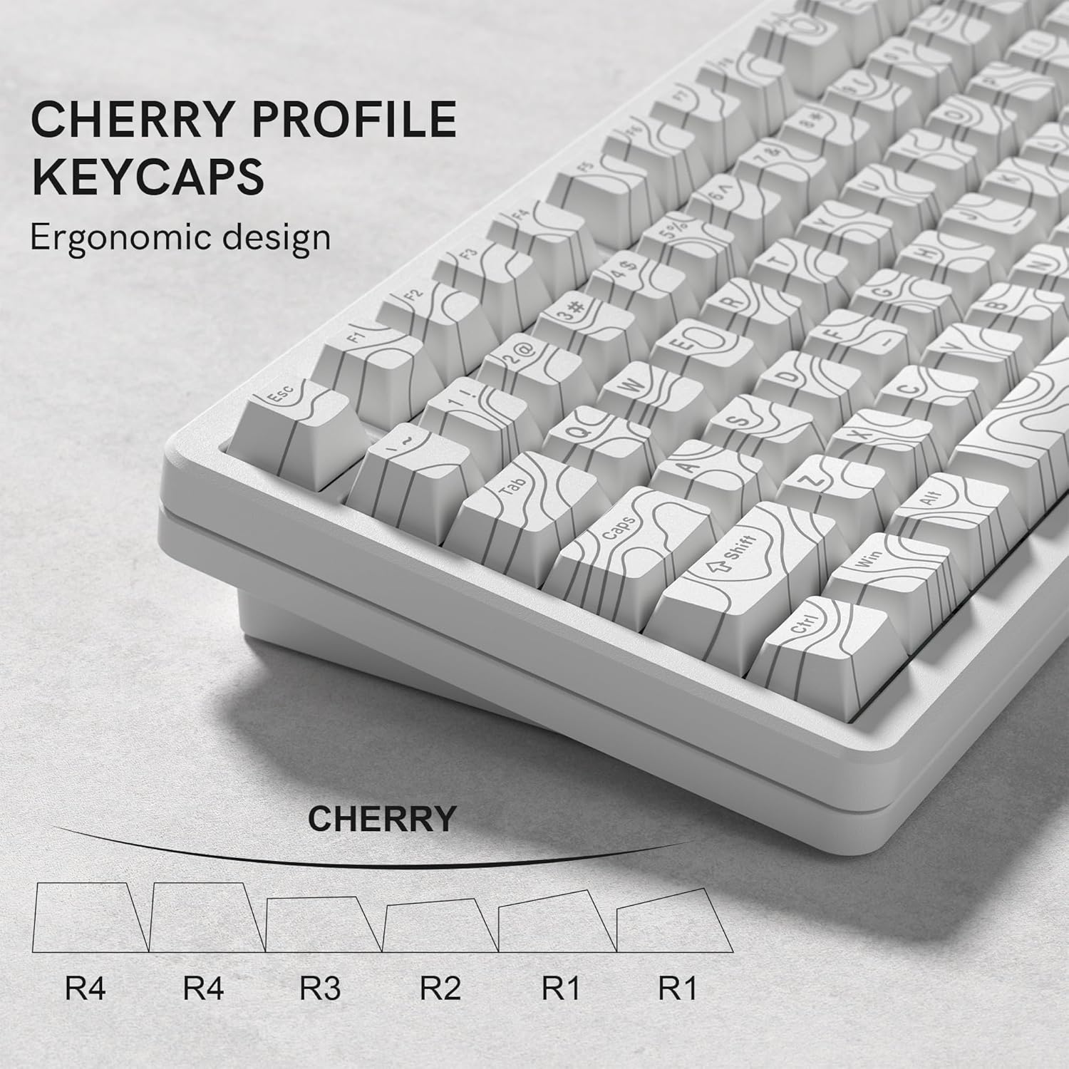 CHERRY PROFILE KEYCAPS  
Ergonomic design  

4 CHERRY PROFILE F5 78 KEYCAPS A 2 F4 Ergonomic design 5% F3 T H 4$ F2 R G # F1 E F 1 & 2@ W D Esc 1! C 1 a S 2 X A Tab  Alt Caps Shift Win  Ctrl  

8 CHERRY R4 R4 R3 R2 R1 R1
