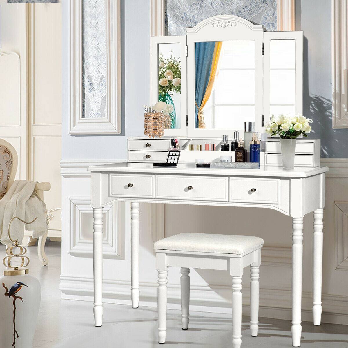 Alt View 2. Costway - Costway 7 Drawers Vanity Set Dressing Table w/ Tri-Folding Mirror - White.