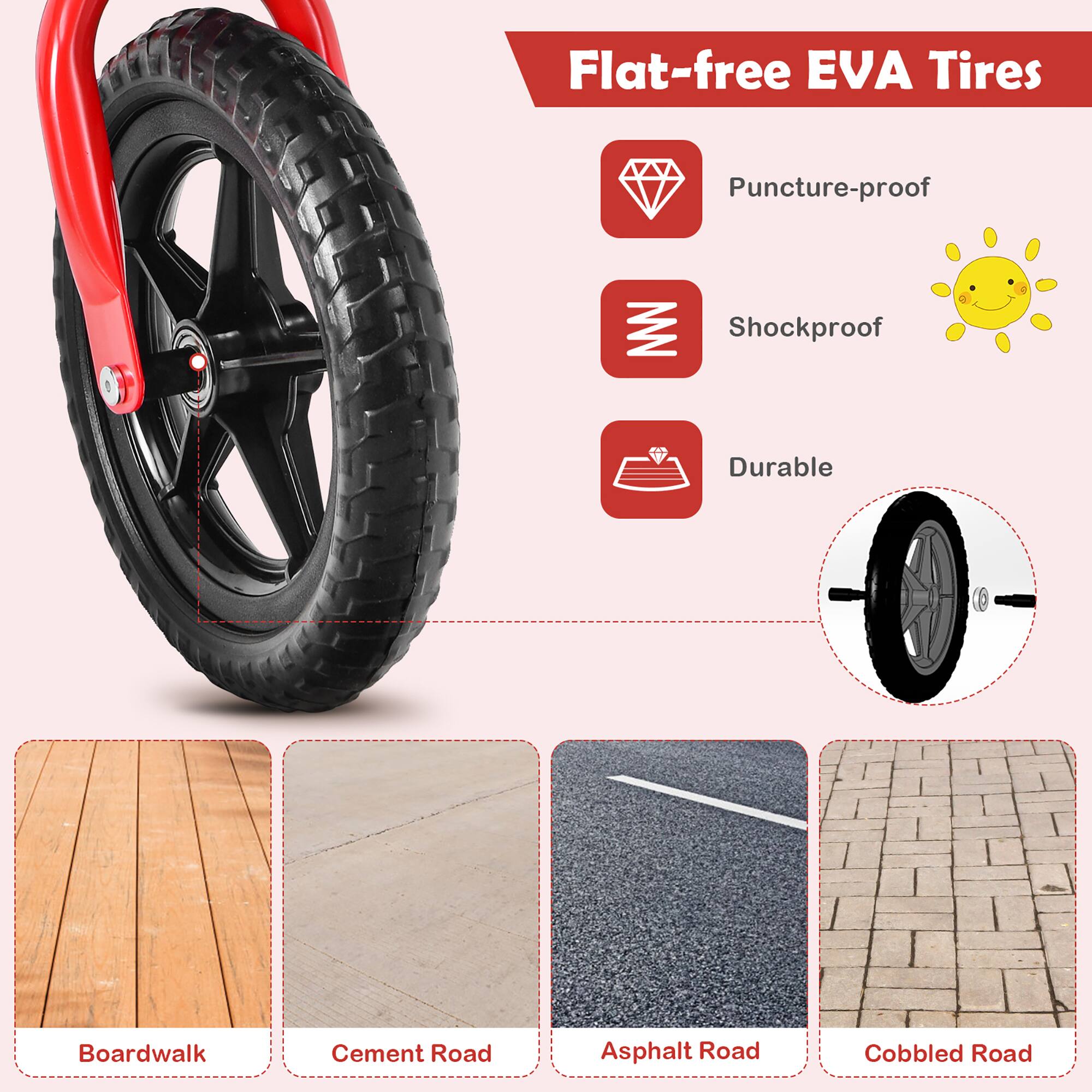 Flat-free EVA Tires

- Puncture-proof
- Shockproof
- Durable

Boardwalk  
Cement Road  
Asphalt Road  
Cobbled Road