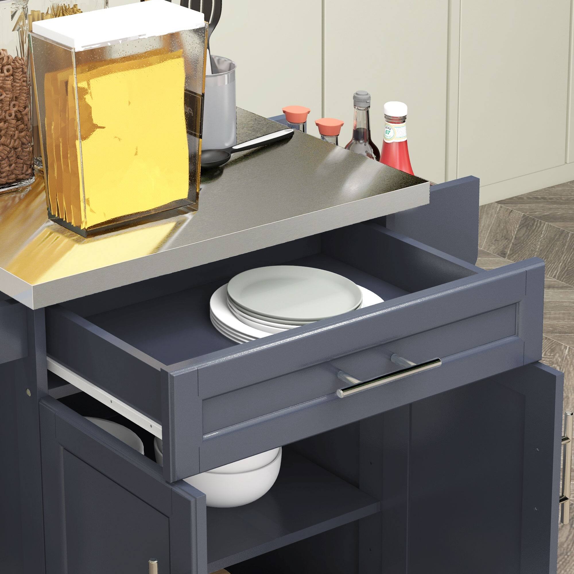 Alt View 6. Homcom - Kitchen Island on Wheels, Rolling Kitchen Cart with Stainless Steel Countertop, Drawer, Towel Rack and Spice Rack - Deep Blue.