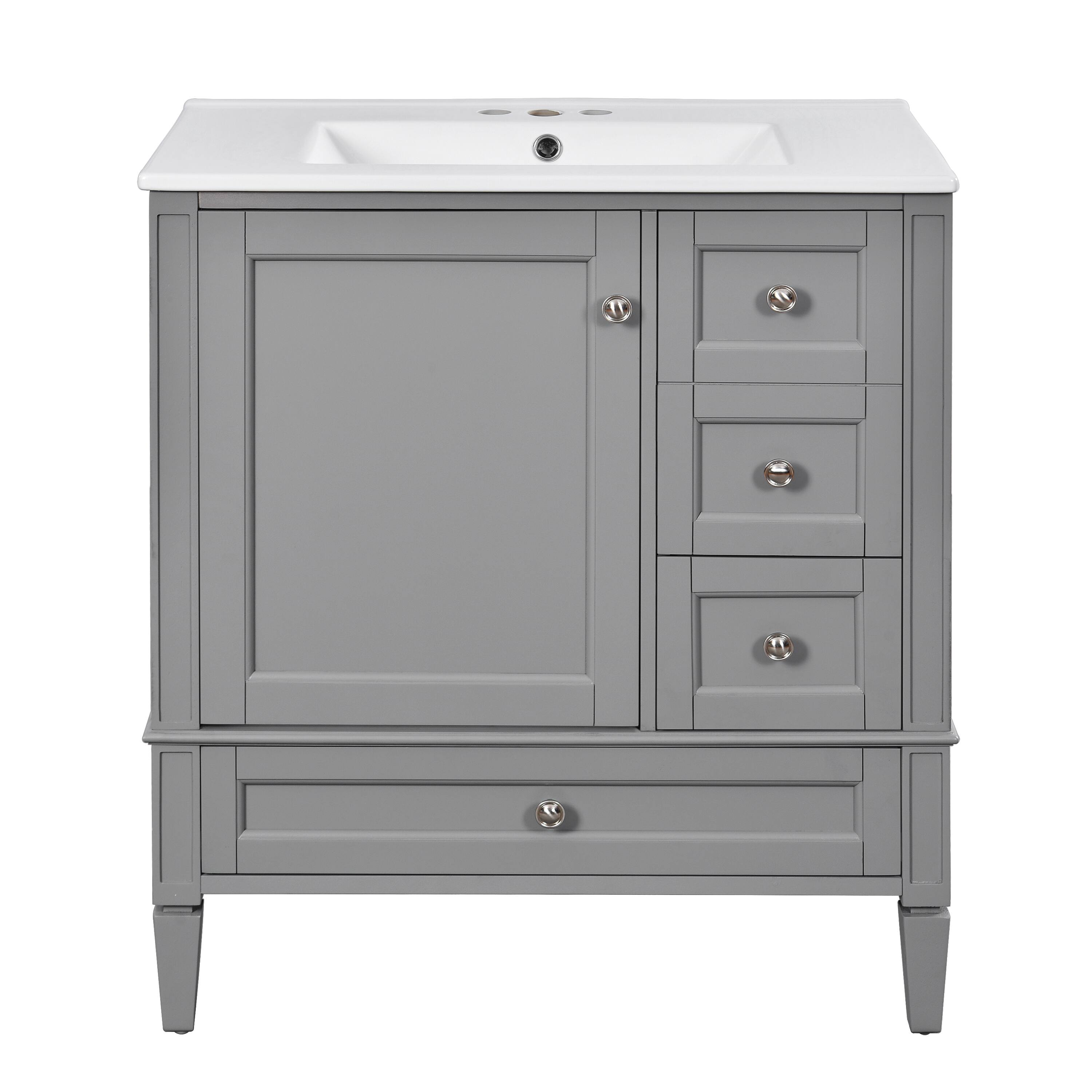 Front. Glintex - 30" Bathroom Vanity with Sink, 3 Drawers, Solid Wood Frame, Freestanding Modern Bathroom Storage Cabinet - Grey.