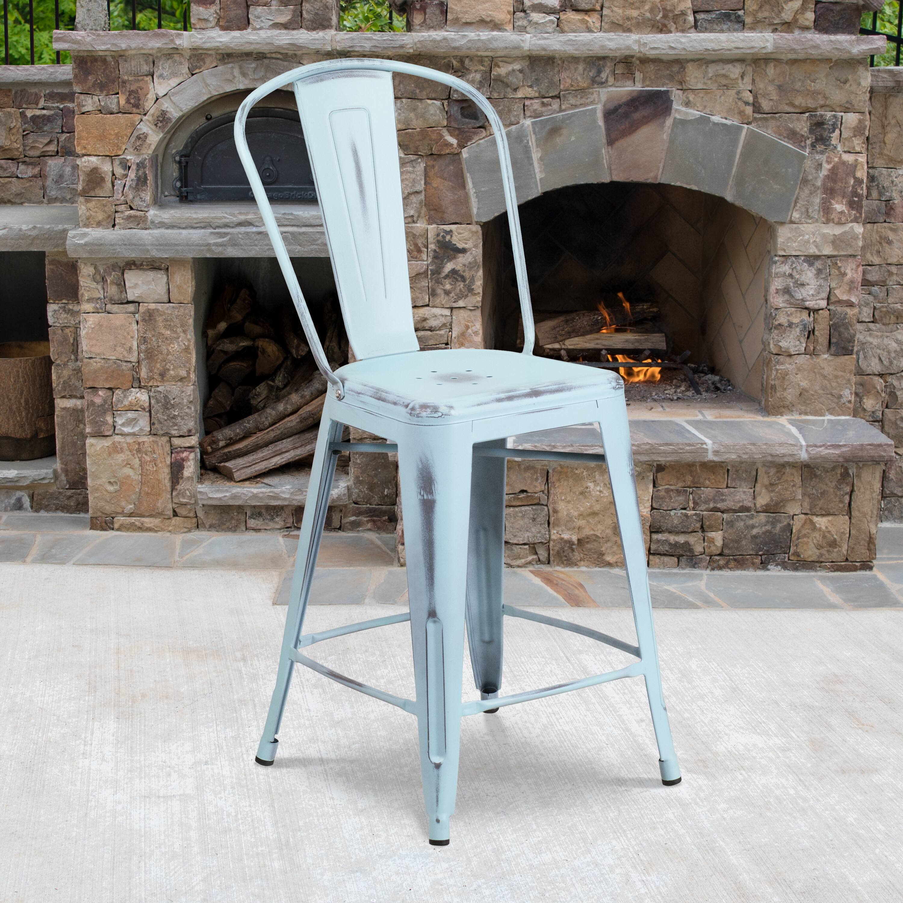 Alt View 2. Emma + Oliver - Commercial Grade 4 Pack 24" High Distressed Metal Indoor-Outdoor Counter Height Stool with Back - Green-Blue.