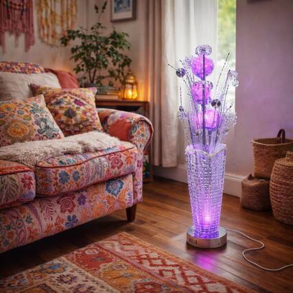 Front. FC Design - 27"H Changing Peach LED Floral Bouquet in Faux Crystal Vase Table Lamp.