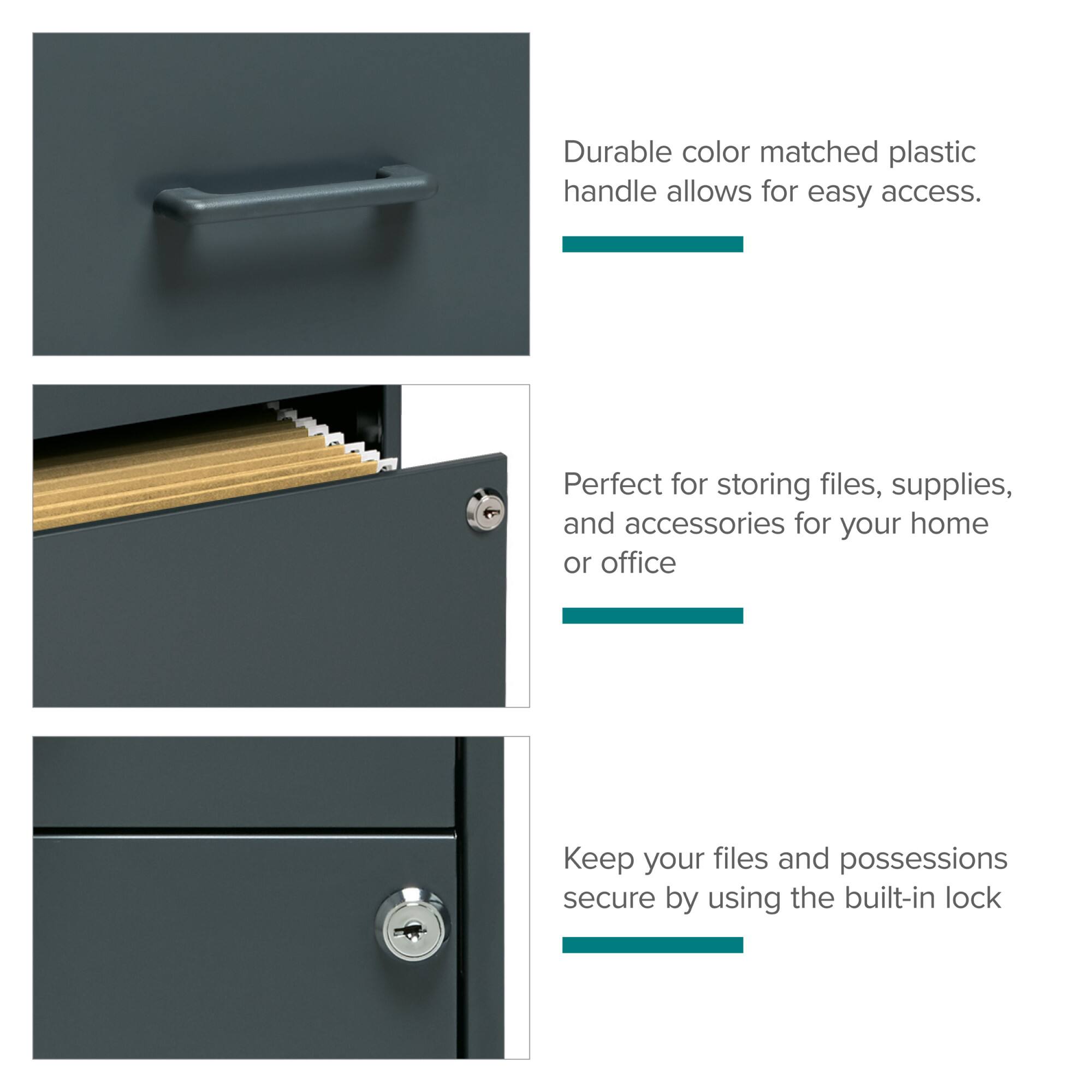 Durable color matched plastic handle allows for easy access. Perfect for storing files, supplies, and accessories for your home or office. Keep your files and possessions secure by using the built-in lock.