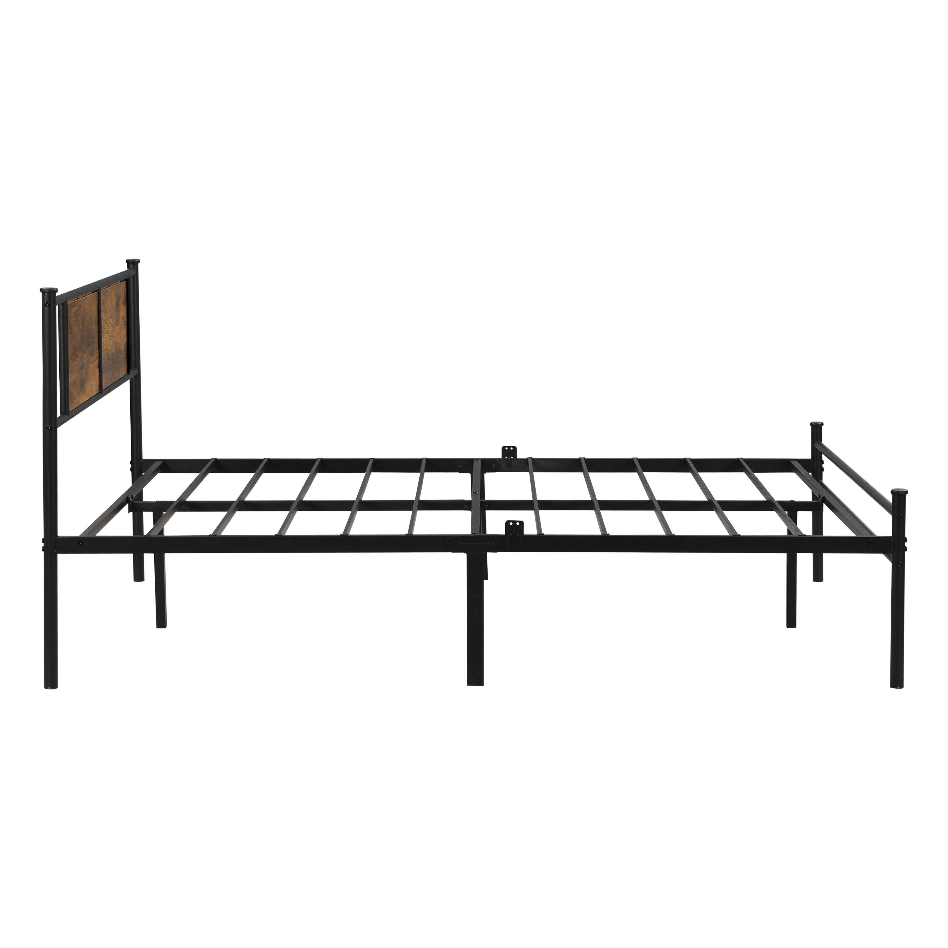 Alt View 1. LUCKY ONE - King Size Metal Bed Frame with Wood Panel Headboard, Steel Structure - Black+Brown.