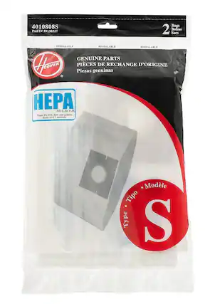 4010808S
PART# 59138327
2 Bags
2 Bolsas
2 Sacs
RESEALABLE
GENUINE PARTS
PIÈCES DE RECHANGE D'ORIGINE
Piezas genuinas
HEPA MEDIA
Traps 99.97% dust and pollens down to 0.3 microns.
Tipo • Modelo • Type • Modèle
S