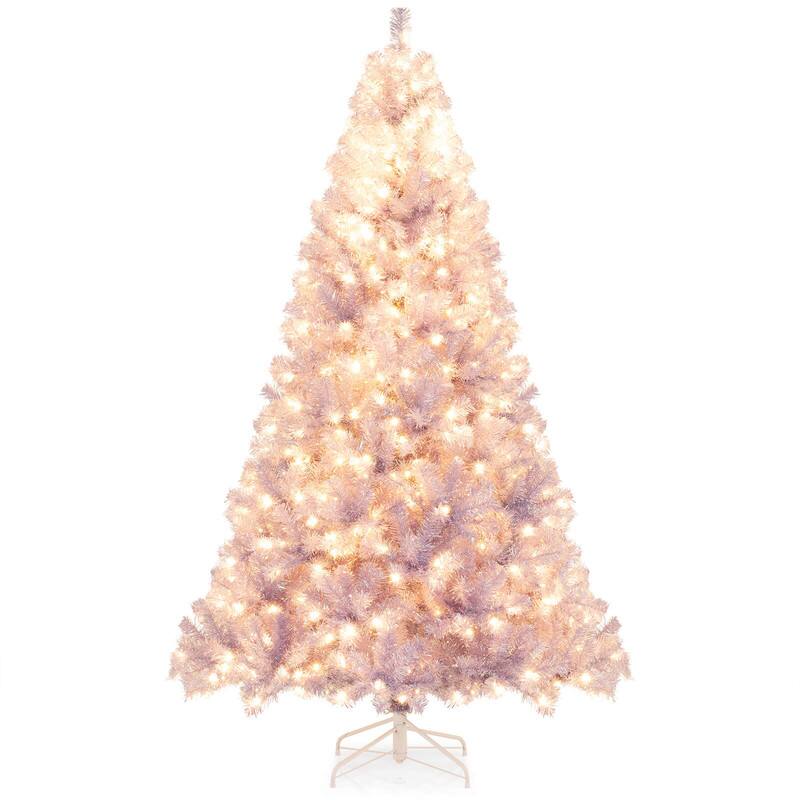 Front. WELLFOR - 7.5 ft Pre‑lit Artificial Tinsel Christmas Tree, Shiny Hinged Xmas Tree with 1300 Branch Tips and Warm White LED Lights - Purple.