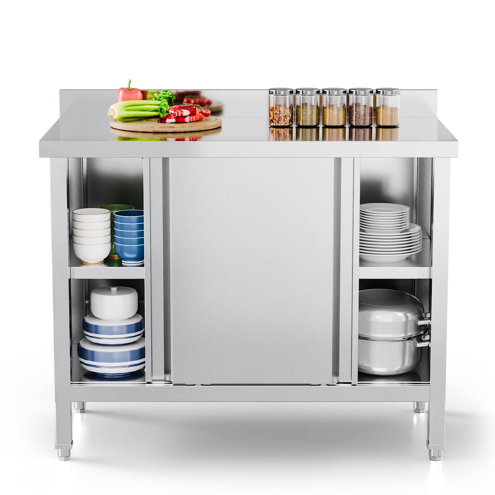 Alt View 5. Winado - 39.3"L x 19.7"W x 31.5"H Stainless Steel Prep Table with 2-Tier Cabinet & Adjustable Feet & Rounded Safety Edge for Home - Silver.