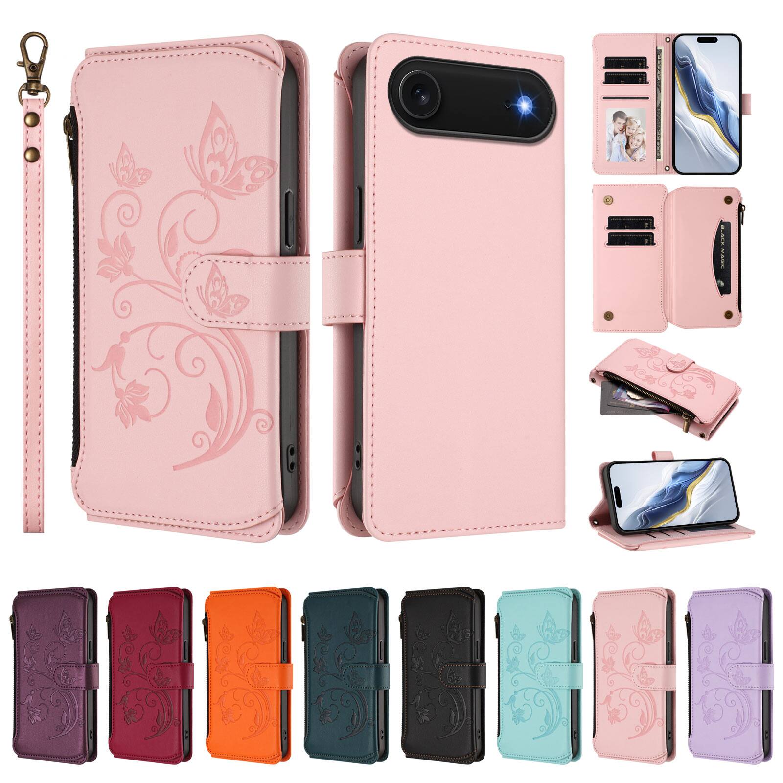 Front. Dteck - Crossbody Wallet Case for Apple iPhone Air,Embossed Butterfly Flower Folio Faux Leather Cover with Zipper Pocket + Strap - Pink.