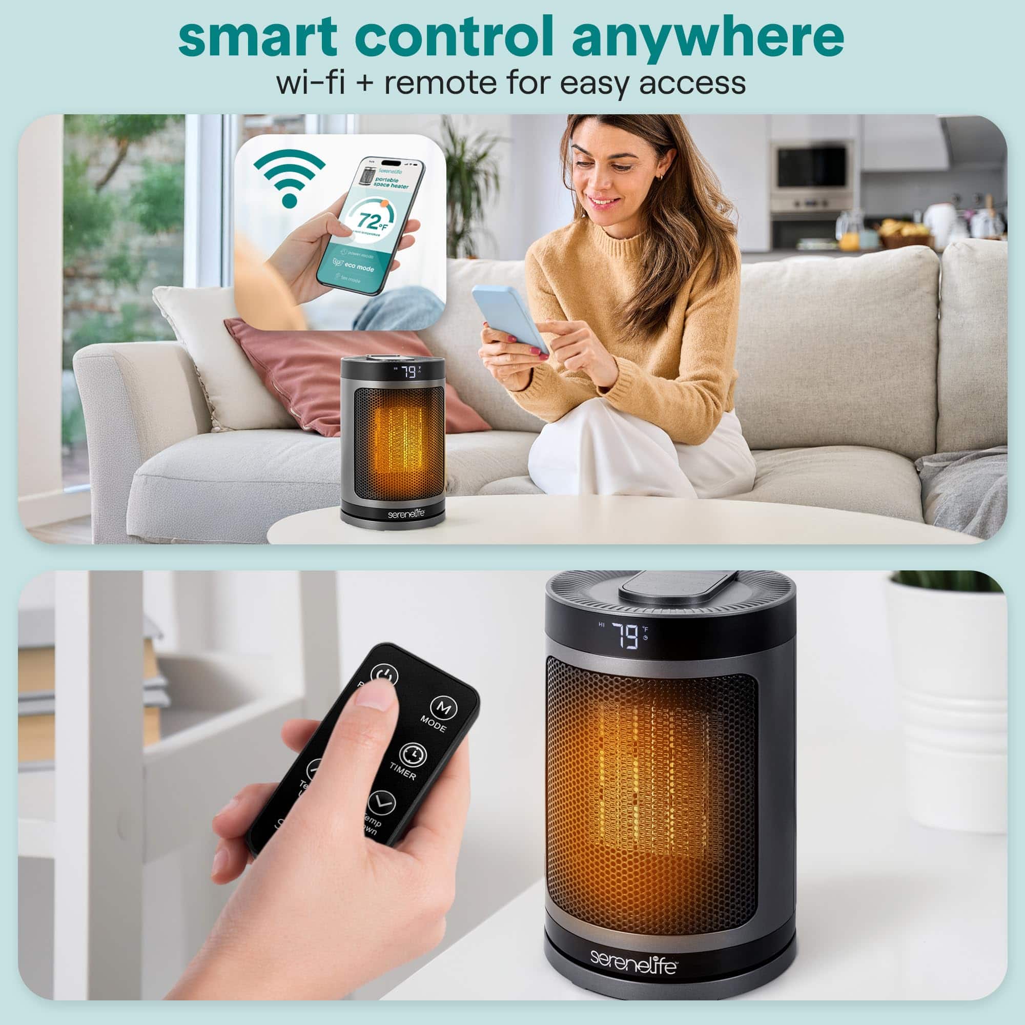 SereneLife SLSPCHTRW3GY Smart Space Heater, 1500W, Thermostat, Wi