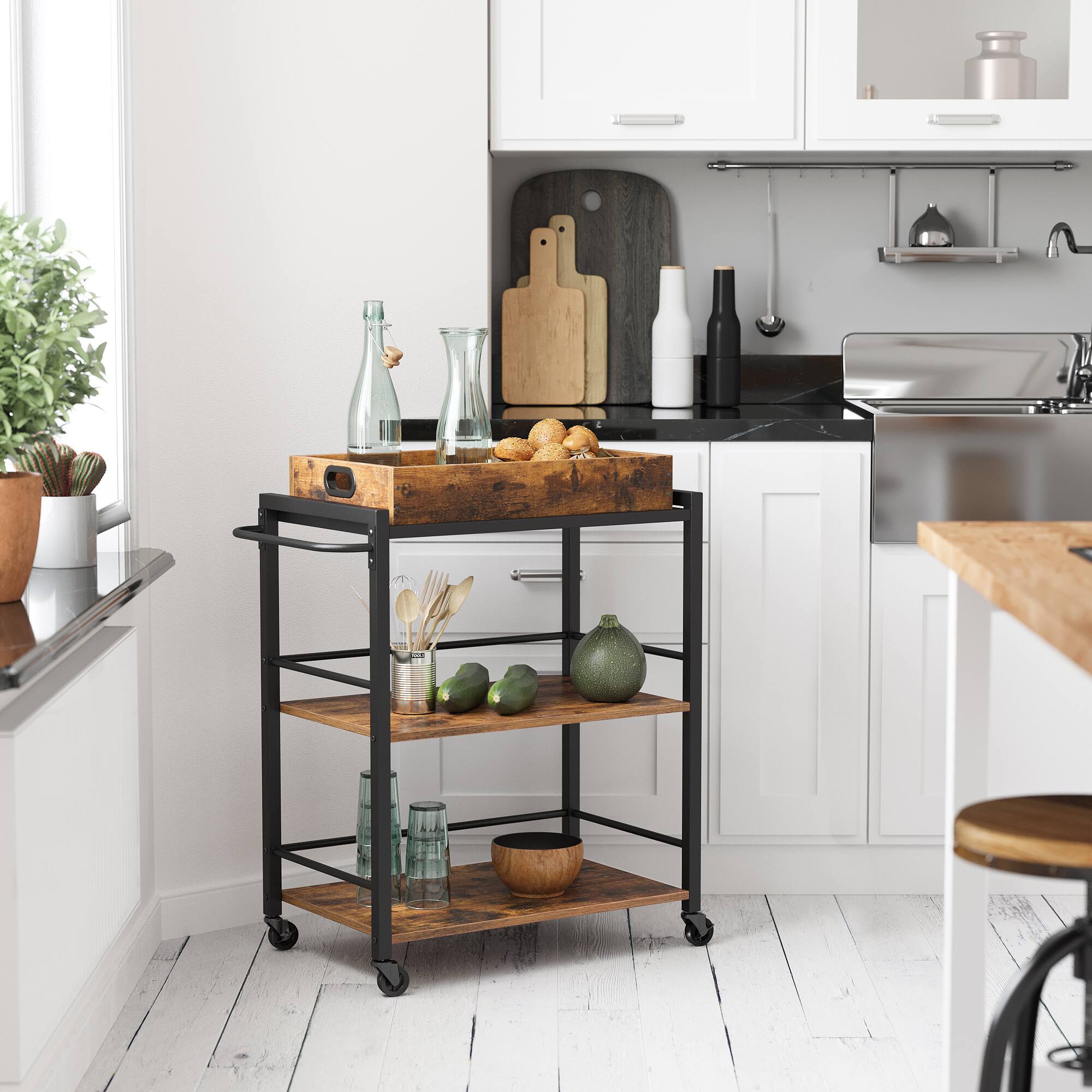 Angle. Songmics Home - Kitchen Serving Cart with Removable Tray, 3-Tier Kitchen Utility Cart on Wheels with Storage, with Brakes, Leveling Feet - Rustic Brown and Black.