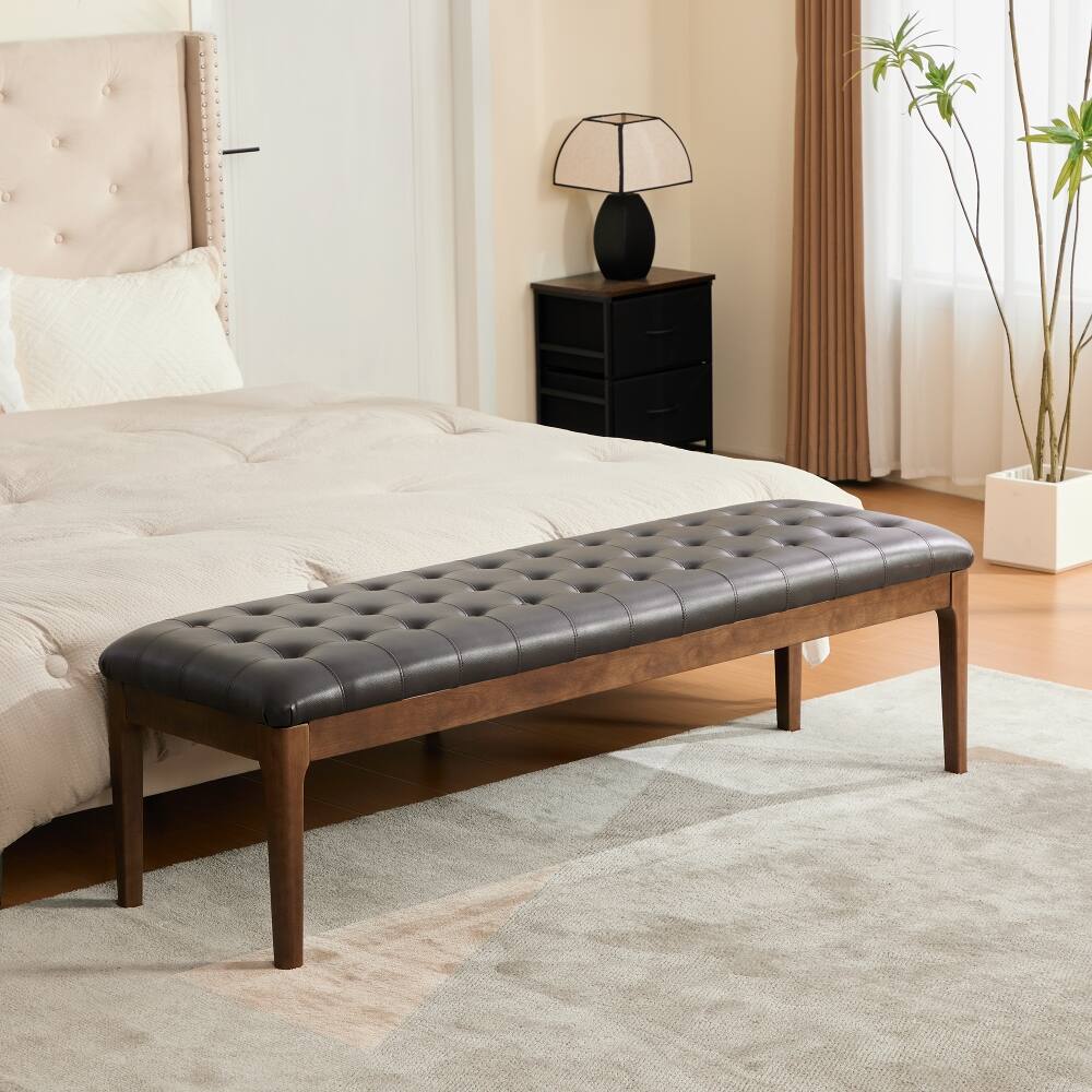Alt View 3. Ropilly - Ropilly 66 Inch Upholstered End of Bed Bench, Faux Leather Tufted Entryway Shoe Bench with Headrest, Coffee - Coffee.