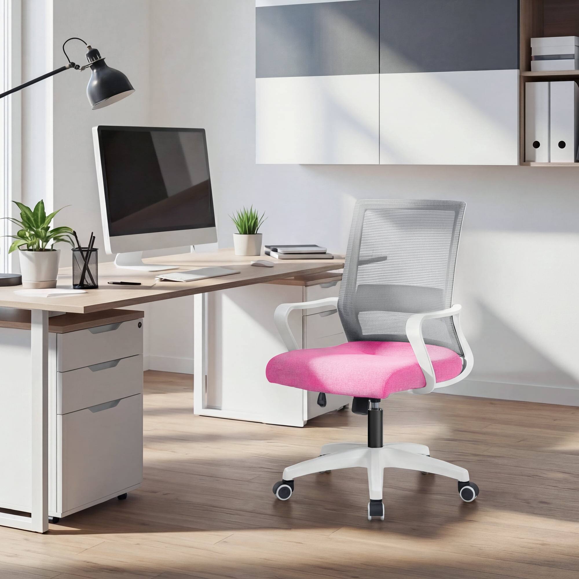 Alt View 4. Celtoss - Ergonomic Mesh Office Chair, Mid Back Desk Chair with Lumbar Support, Adjustable Swivel Wheels - Pink.