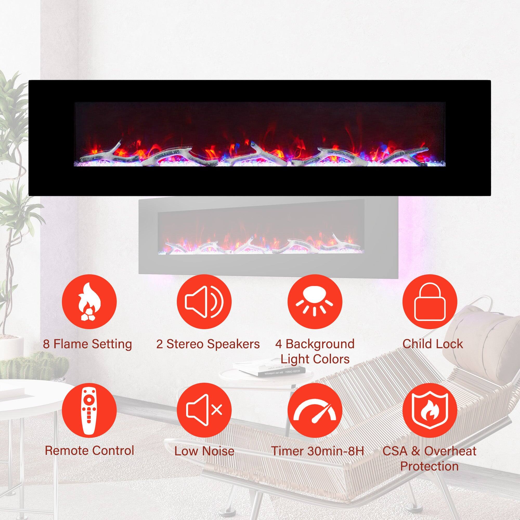8 Flame Setting, 2 Stereo Speakers, 4 Background Light Colors, Child Lock, Remote Control, Low Noise, Timer 30min-8H, CSA & Overheat Protection