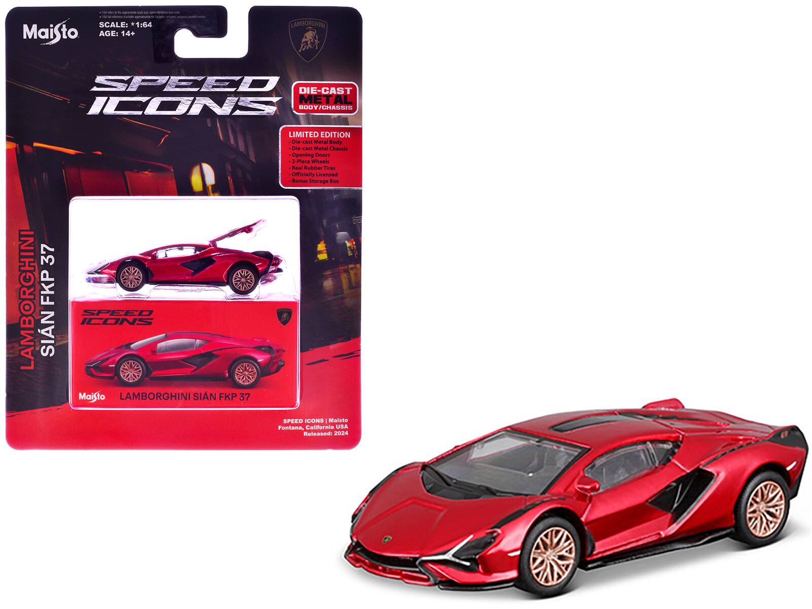 - SCALE: 1:64
- AGE: 14+
- LAMBORGHINI SPEED ICONS
- LAMBORGHINI SIAN FKP 37
- LIMITED EDITION
- DIE-CAST METAL BODY/CHASSIS
- Opening Doors
- Real Rubber Tires
- Officially Licensed
- Bonus Storage Box
- SPEED ICONS | Maisto
- Fontana, California USA
- Released: 2024