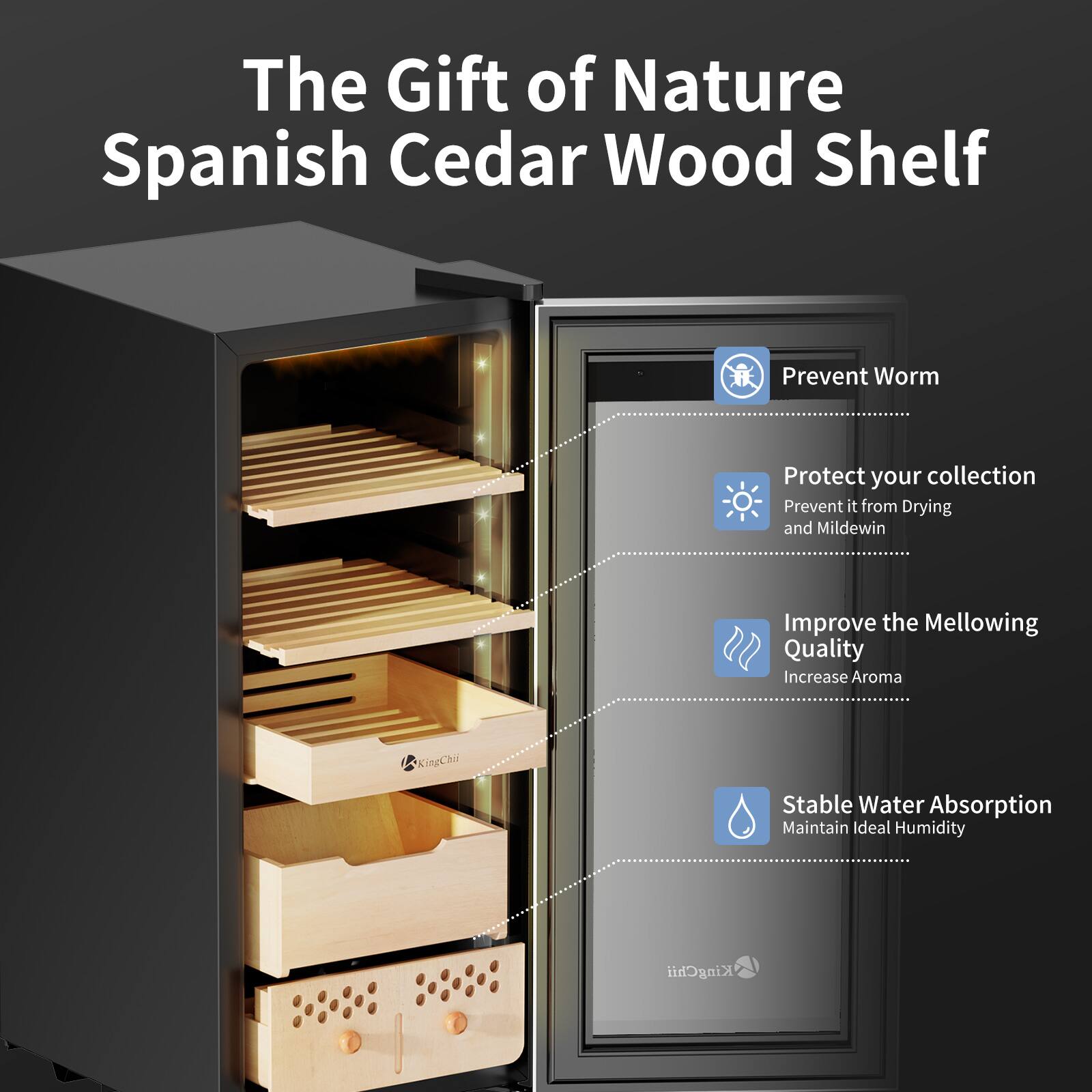 The Gift of Nature Spanish Cedar Wood Shelf

- Prevent Worm
- Protect your collection
  - Prevent it from Drying and Mildew
- Improve the Mellowing Quality
  - Increase Aroma
- Stable Water Absorption
  - Maintain Ideal Humidity

KingChi
