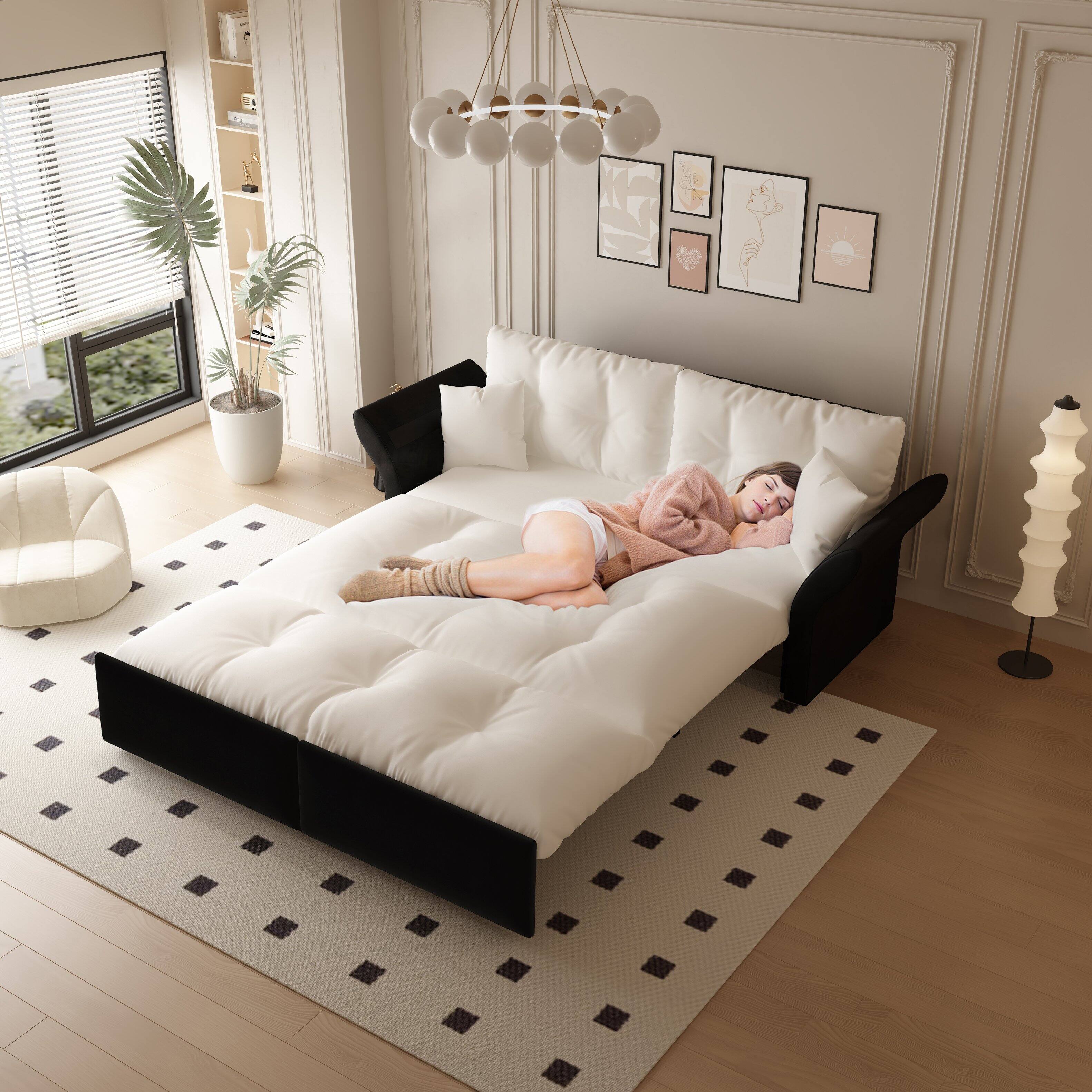 Alt View 7. Anysun - Queen 3-in-1 Pull Out Sofa Bed - Tufted Velvet Design, Includes 2 Pillows, Multi-Functional Loveseat. - White.