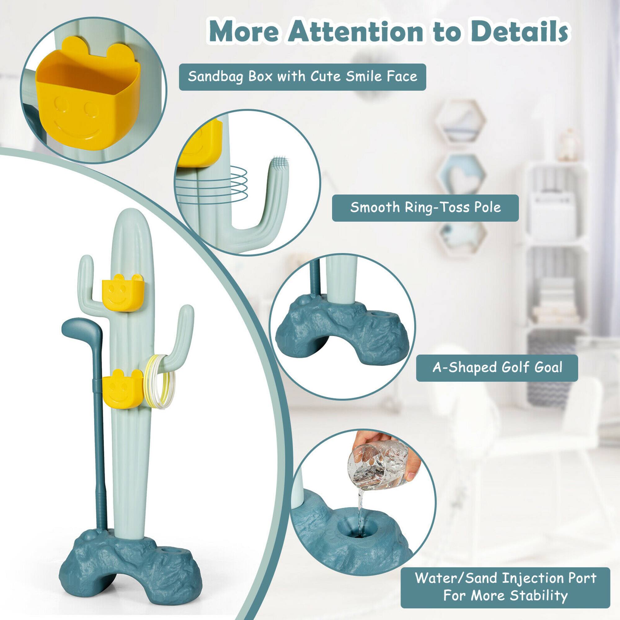 More Attention to Details
Sandbag Box with Cute Smile Face
Smooth Ring-Toss Pole
A-Shaped Golf Goal
Water/Sand Injection Port For More Stability