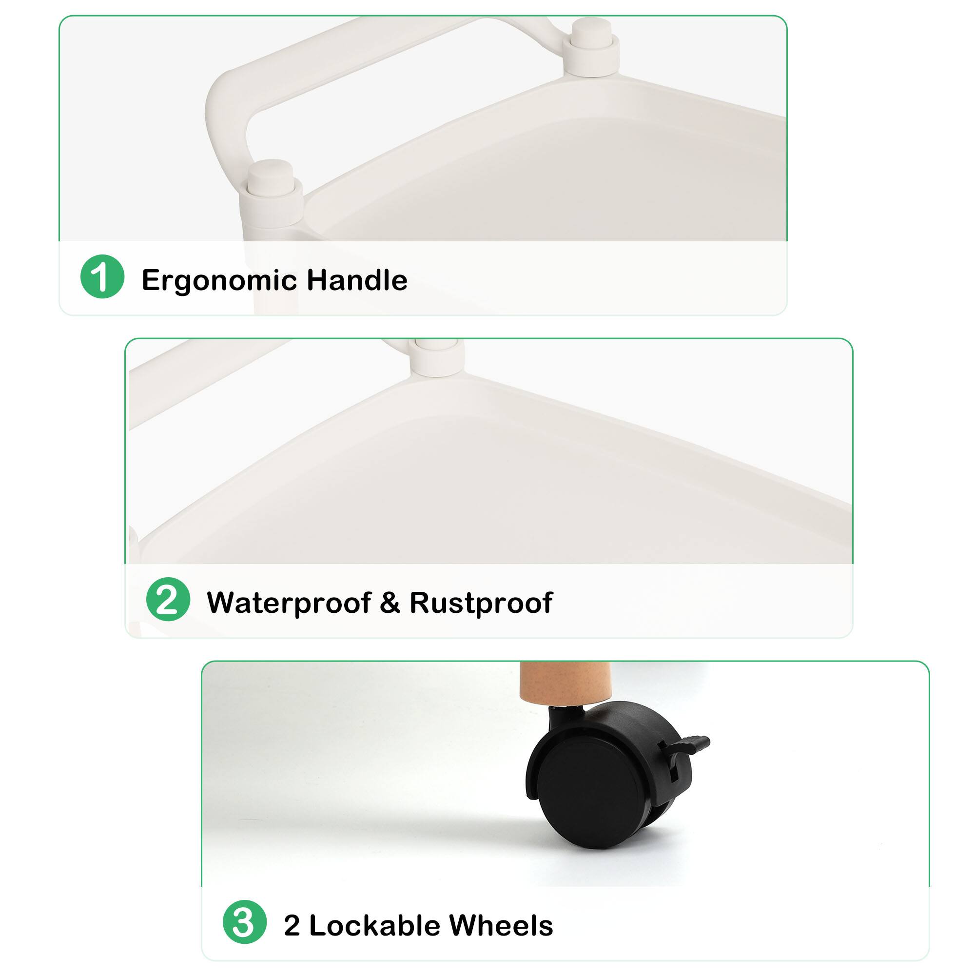 1. Ergonomic Handle
2. Waterproof & Rustproof
3. 2 Lockable Wheels