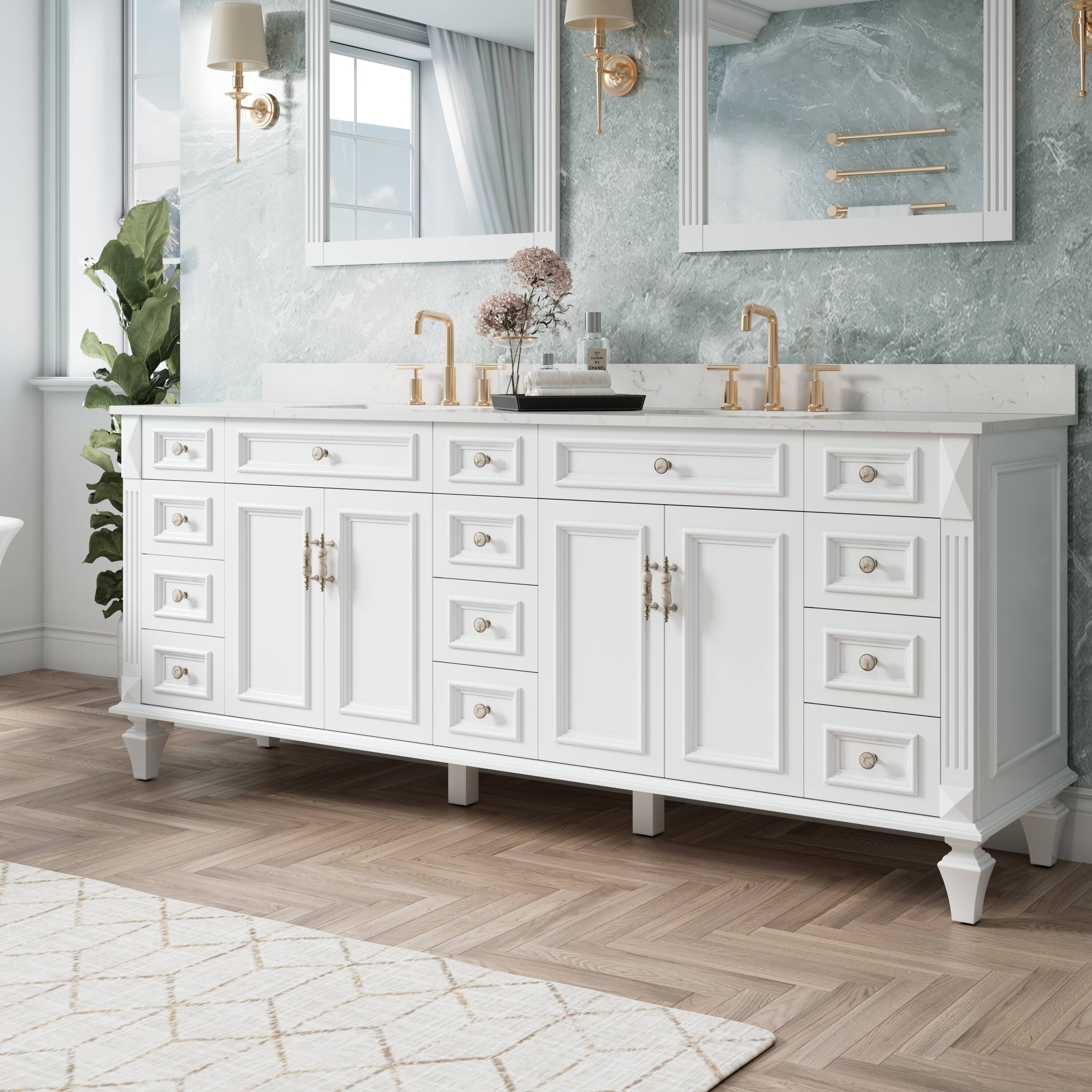 Angle. WELLFOR - ARTWOOD 84 in. Solid Wood Bath Vanity with Quartz Top, Double Sink, Soft Close, Assembled - White.