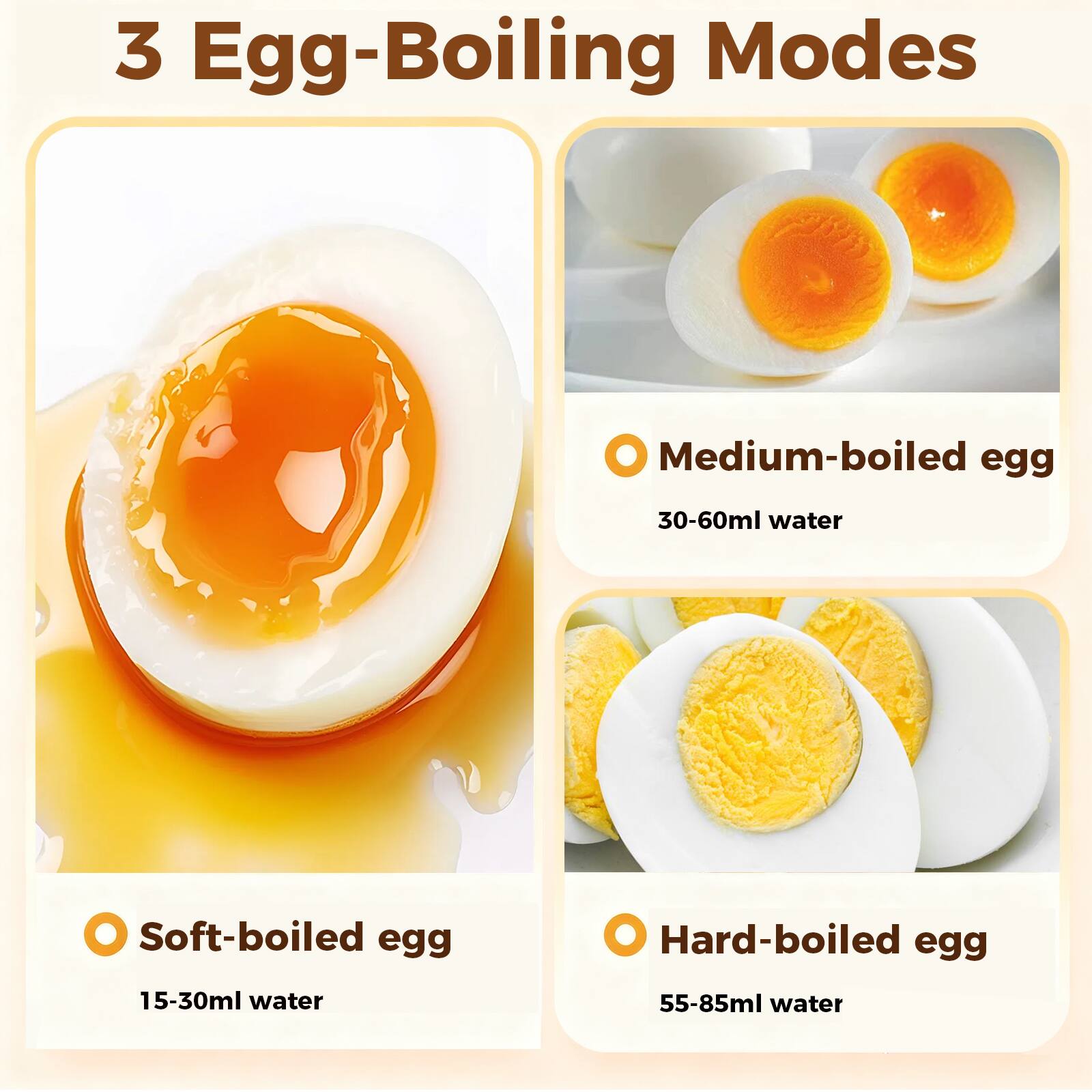 3 Egg-Boiling Modes

- Soft-boiled egg
  - 15-30ml water

- Medium-boiled egg
  - 30-60ml water

- Hard-boiled egg
  - 55-85ml water