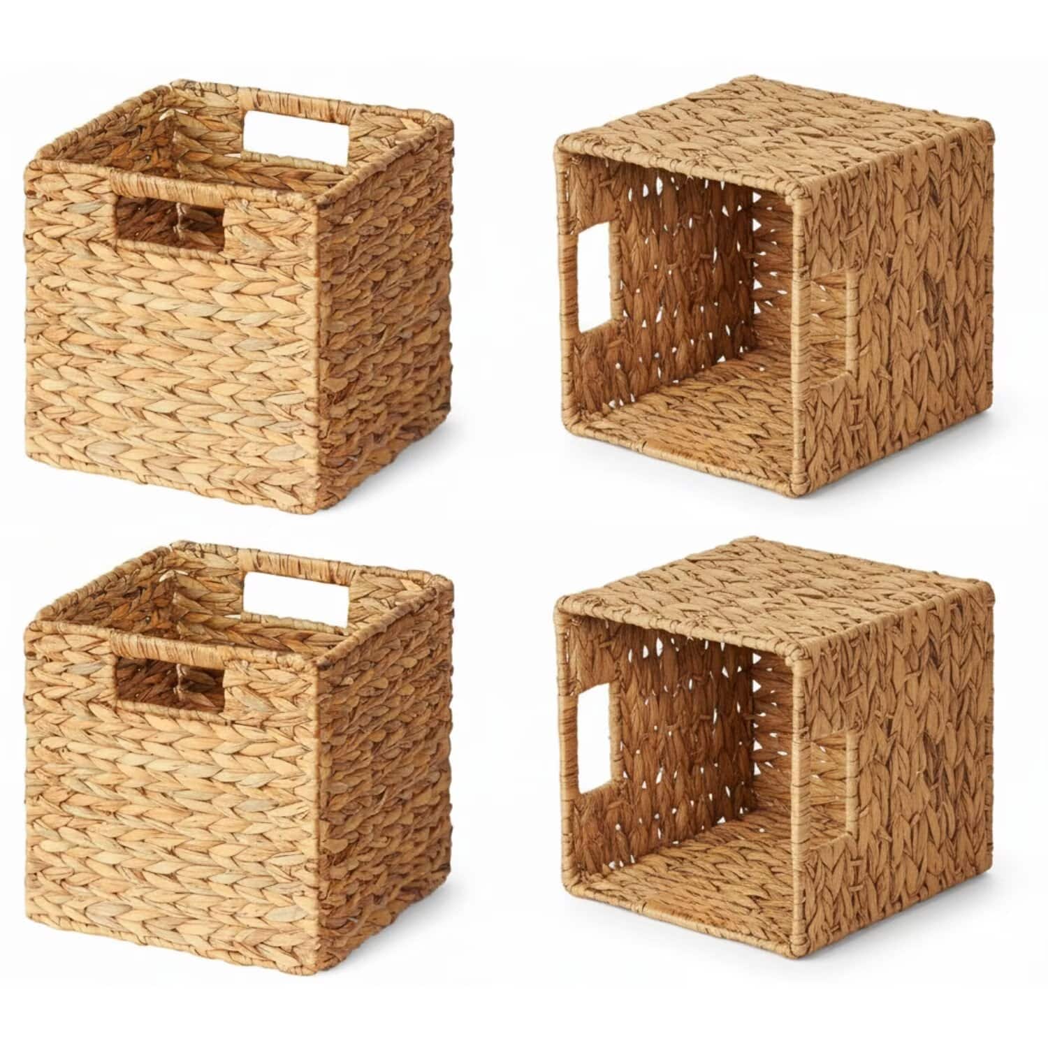 Tooloton - 4-Pack Woven Rattan Storage Basket Organizer with Handles, 12x12x12 Inch Large Cube Bin for Shelves - Natural