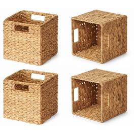 Tooloton - 4-Pack Woven Rattan Storage Basket Organizer with Handles, 12x12x12 Inch Large Cube Bin for Shelves - Natural