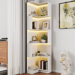 Ecooso - 5 Tier Corner Bookshelf Bookcase with Baffle, Freestanding L Shaped Display Shelf Stand with led lights for Home Office - White