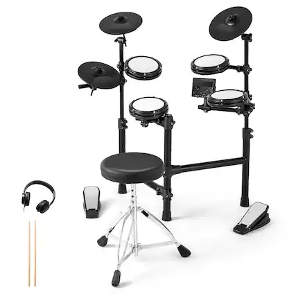 Front. Gymax - Gymax Electric Drum Set Foldable Drum Kit w/ 7'' Mesh Drum Pads 9.5'' Cymbals 10 Demos Black - Black.