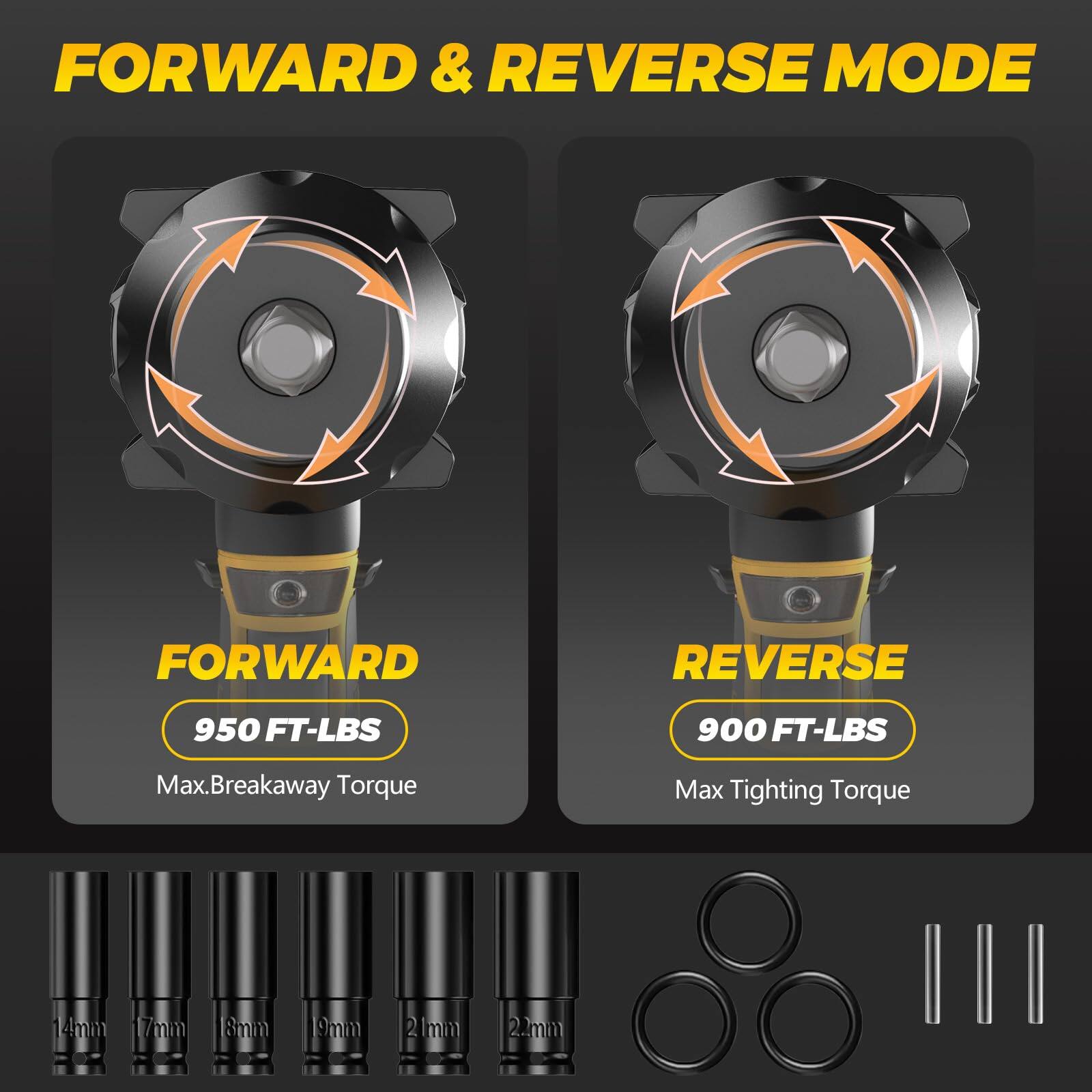 FORWARD & REVERSE MODE

FORWARD  
950 FT-LBS  
Max. Breakaway Torque

REVERSE  
900 FT-LBS  
Max Tightening Torque

14mm  
7mm  
8mm  
9mm  
21mm  
22mm