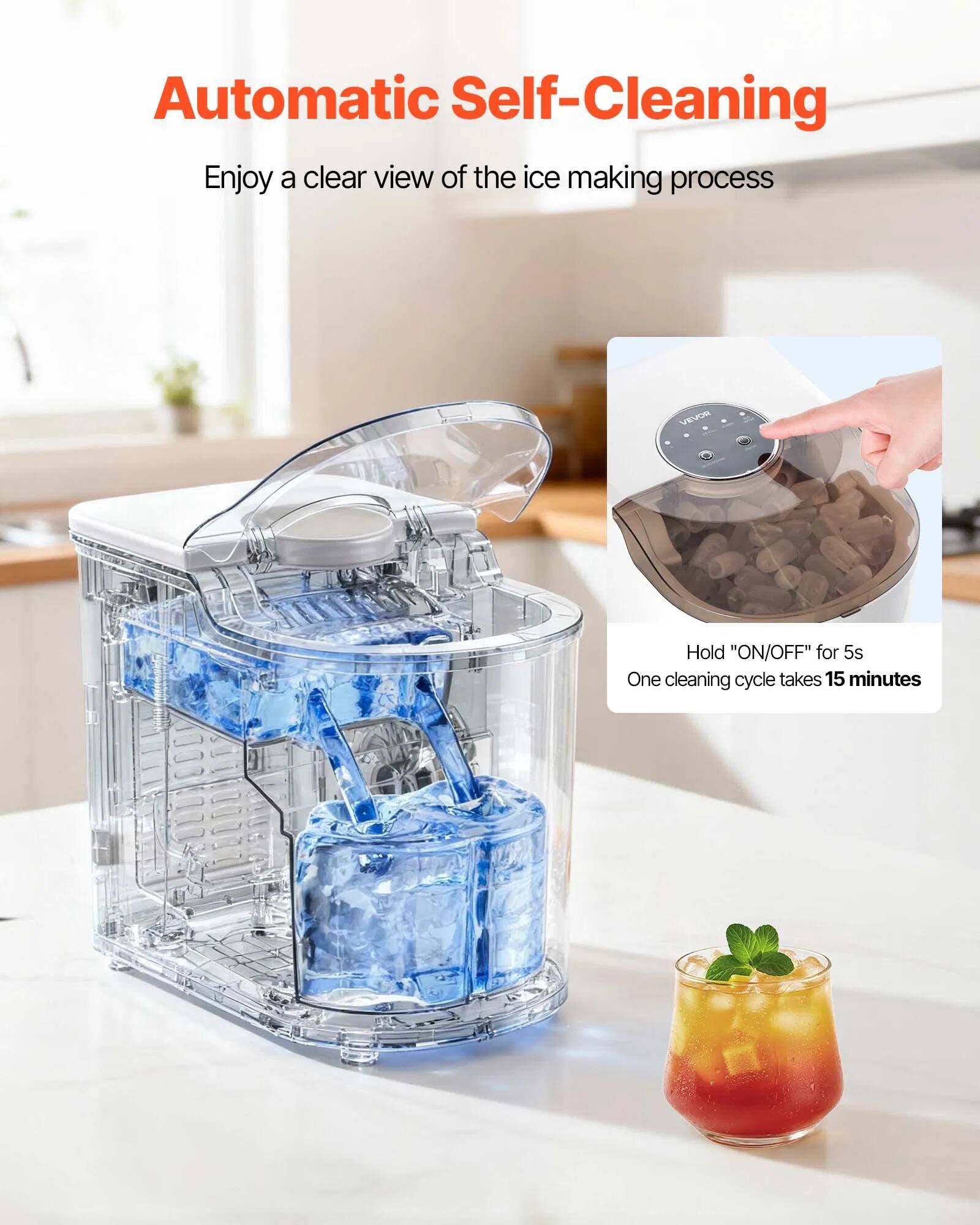 Automatic Self-Cleaning  
Enjoy a clear view of the ice making process  

Hold "ON/OFF" for 5s  
One cleaning cycle takes 15 minutes