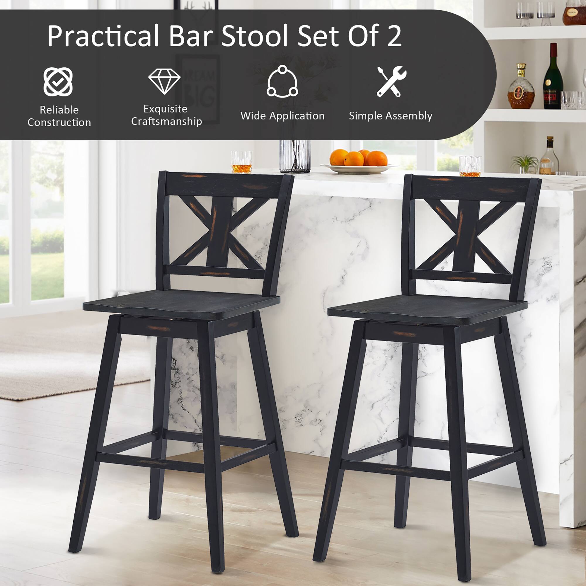 Practical Bar Stool Set Of 2  
Reliable Construction  
Exquisite Craftsmanship  
Wide Application  
Simple Assembly