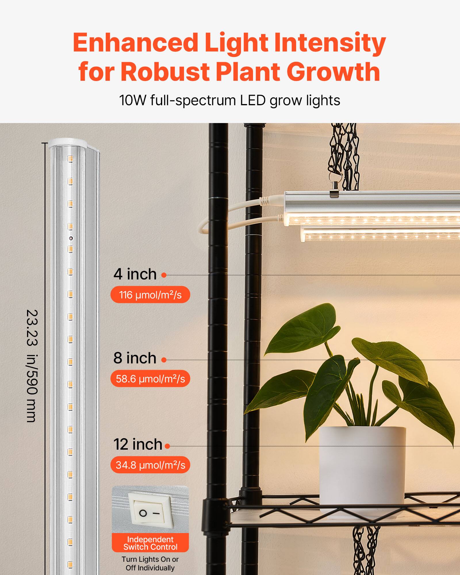 Enhanced Light Intensity for Robust Plant Growth  
10W full-spectrum LED grow lights  

- 4 inch: 116 μmol/m²/s  
- 8 inch: 58.6 μmol/m²/s  
- 12 inch: 34.8 μmol/m²/s  

Independent Switch Control  
Turn Lights On or Off Individually