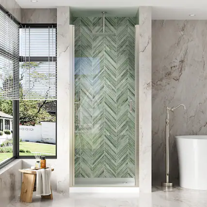 Front. WELLFOR - 32-7/16"-34"W x 72" H Semi-Frameless Pivot Shower Door -1/4 in. Tempered Glass, Easy Clean Coating - Brushed Nickel.