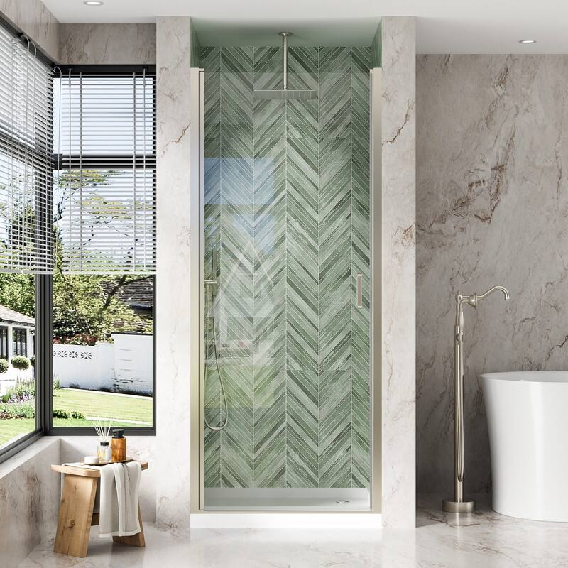 Front. WELLFOR - 32-7/16"-34"W x 72" H Semi-Frameless Pivot Shower Door -1/4 in. Tempered Glass, Easy Clean Coating - Brushed Nickel.