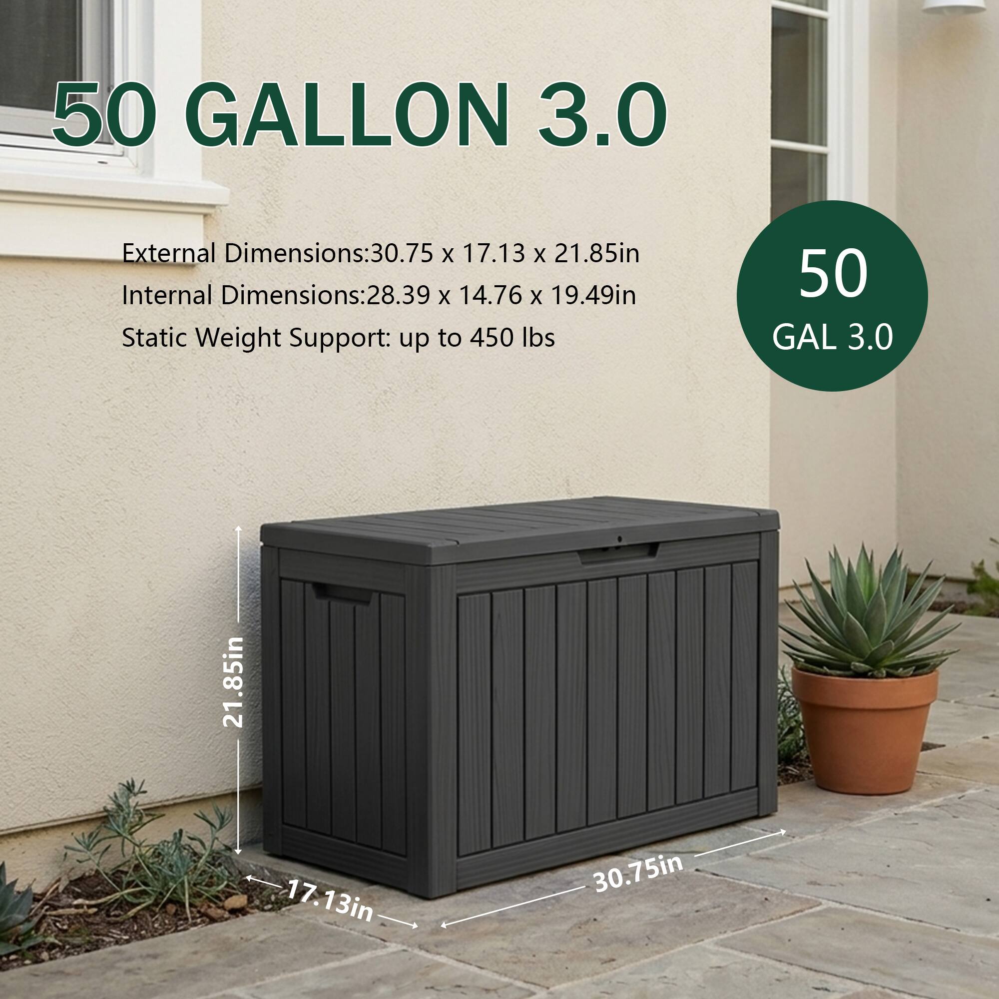 50 GALLON 3.0

External Dimensions: 30.75 x 17.13 x 21.85in  
Internal Dimensions: 28.39 x 14.76 x 19.49in  
Static Weight Support: up to 450 lbs

50 GAL 3.0

21.85in  
17.13in  
30.75in
