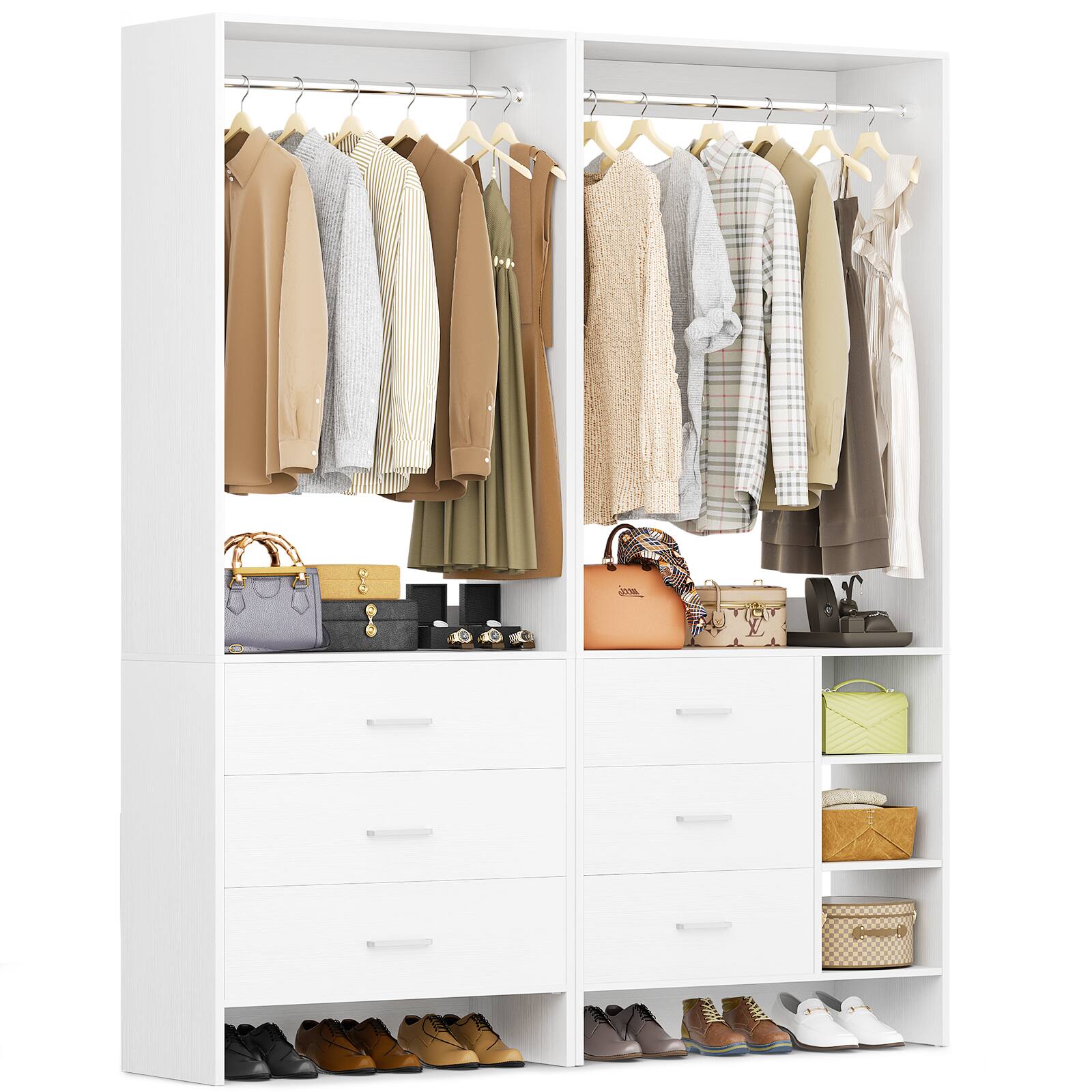 Angle. Aheaplus - Wardrobe Closet System 2-Piece Set, 4.5ft Organizer System with 6 Drawers and 2 Hanging Rods - White.