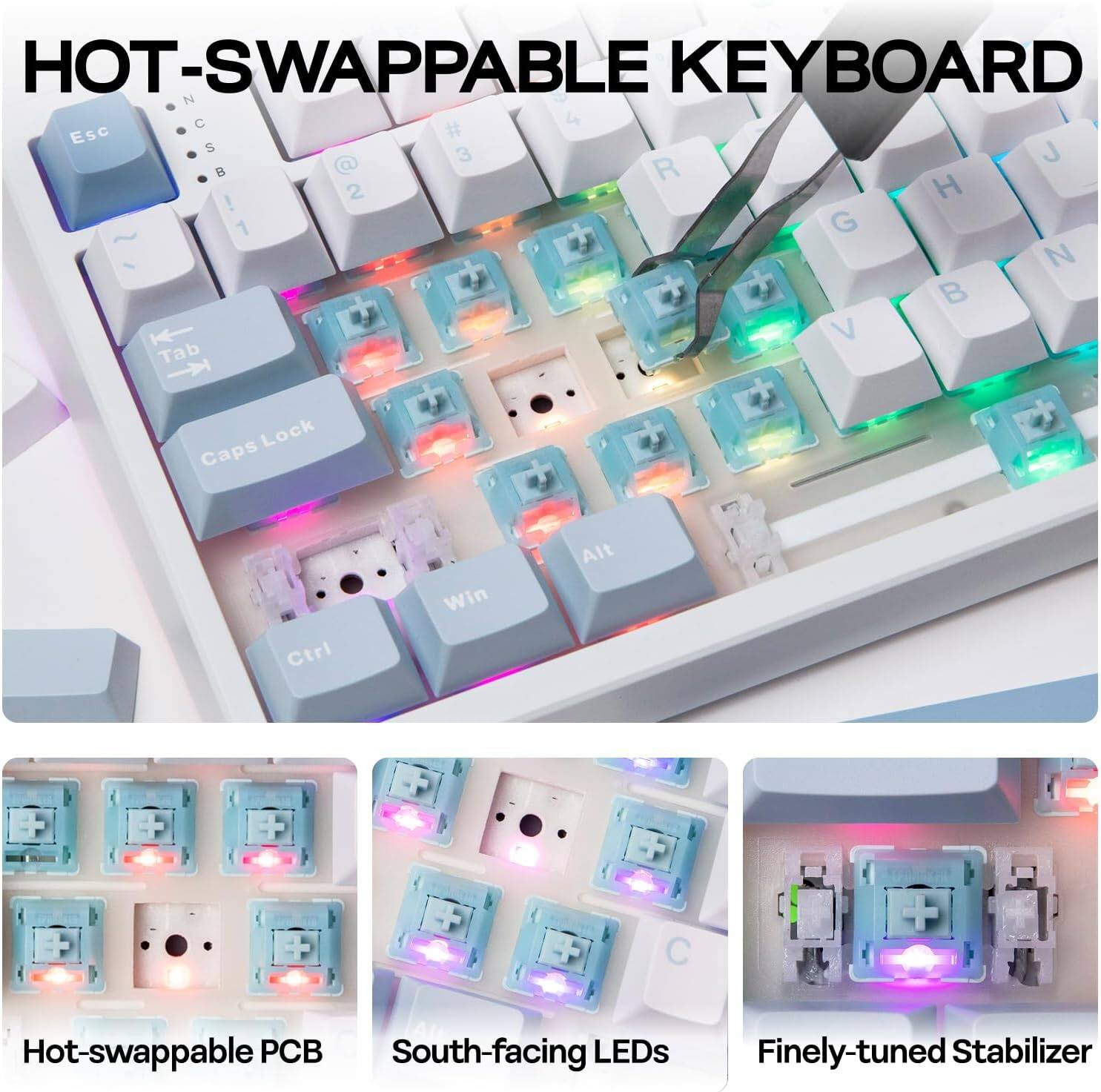 HOT-SWAPPABLE KEYBOARD

- Esc
- N
- C
- 4
- S
- J
- @
- 3
- B
- R
- !
- 2
- H
- 1
- G
- N
- B
- V
- Tab
- Lock
- Caps
- Ctrl
- Win
- Alt

Hot-swappable PCB
South-facing LEDs
Finely-tuned Stabilizer
