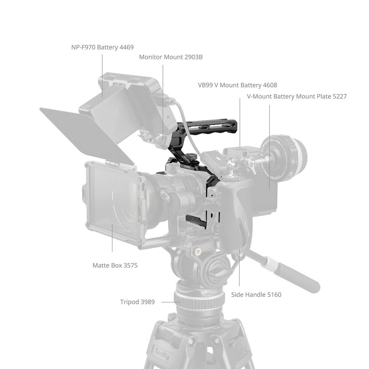 NP-F970 Battery 4469  
Monitor Mount 2903B  
VB99 V Mount Battery 4608  
V-Mount Battery Mount Plate 5227  
Matte Box 3575  
Tripod 3989  
Side Handle 5160