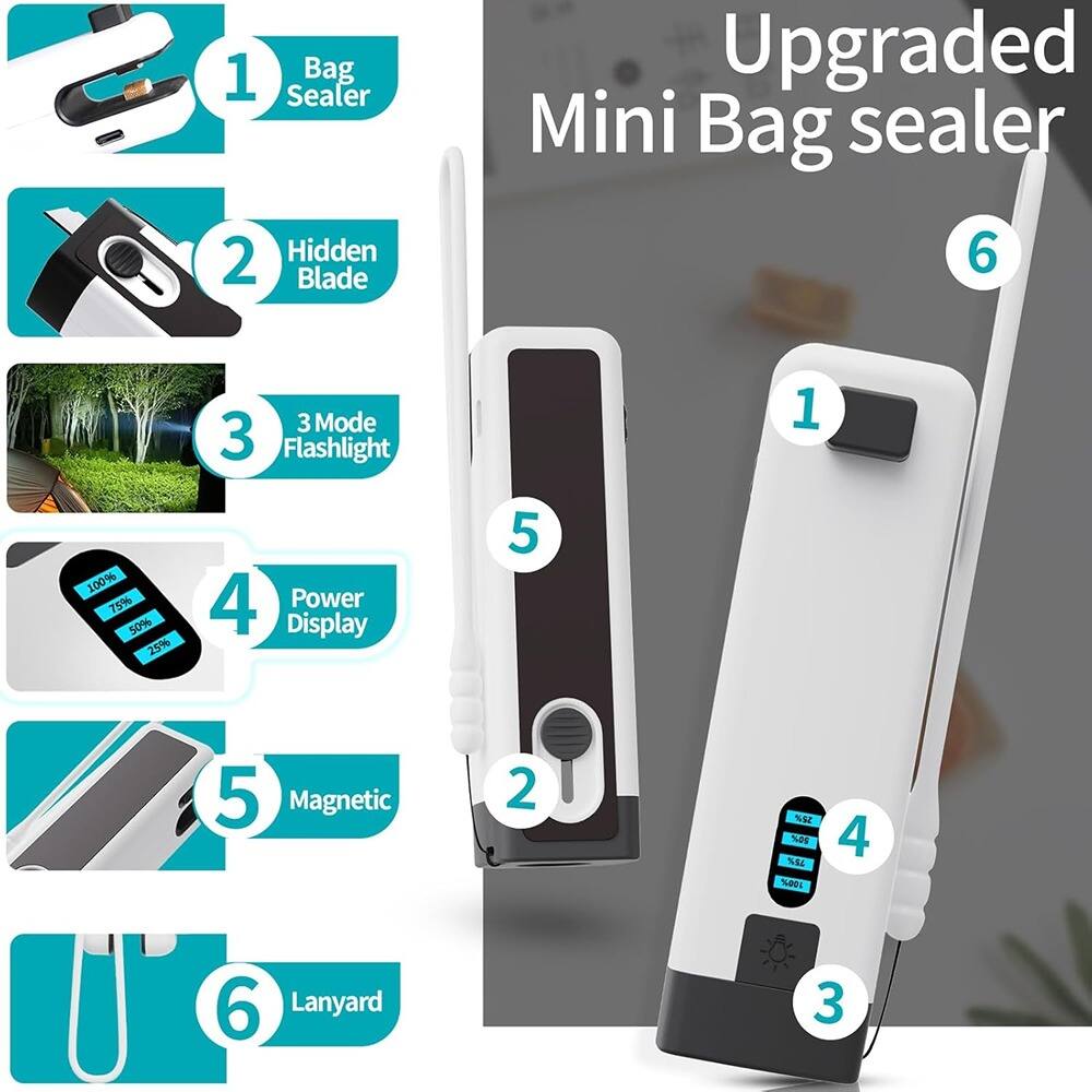1. Bag Sealer  
2. Hidden Blade  
3. 3 Mode Flashlight  
4. Power Display  
5. Magnetic  
6. Lanyard  

Upgraded Mini Bag Sealer
